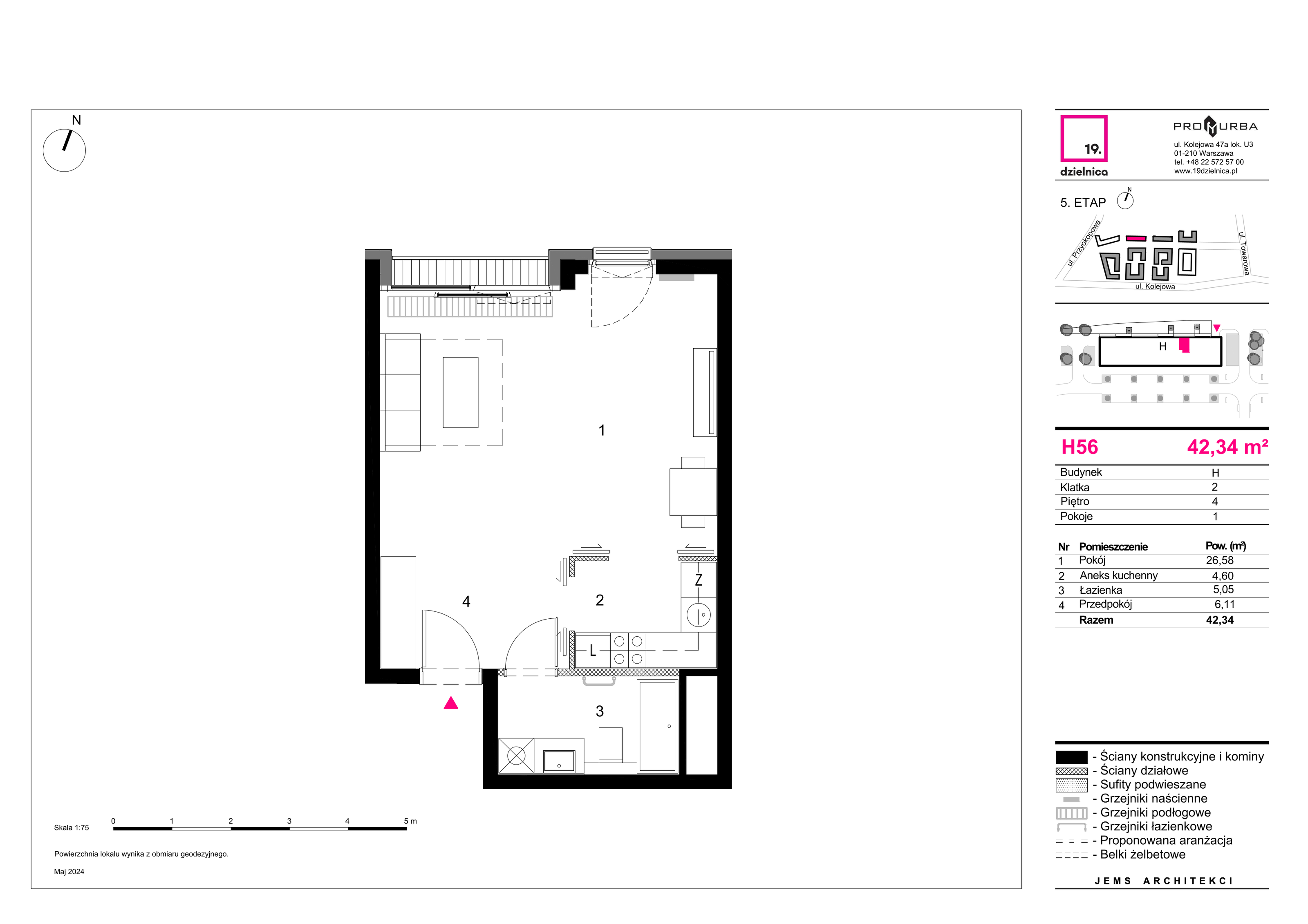 Mieszkanie 42,34 m², piętro 4, oferta nr H56, 19. Dzielnica V etap, Warszawa, Wola, Czyste, ul. Kolejowa 49-idx