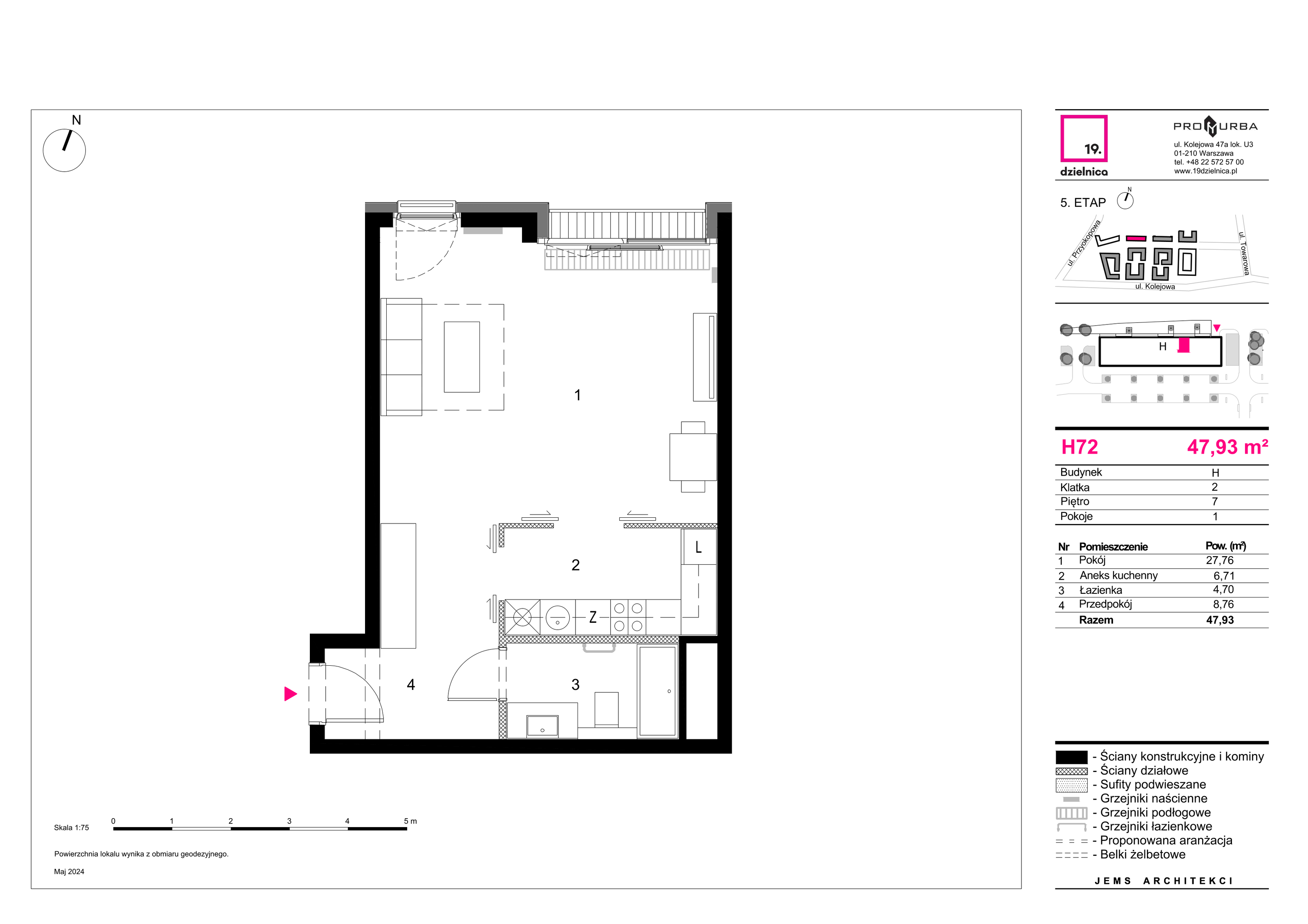 Mieszkanie 47,93 m², piętro 7, oferta nr H72, 19. Dzielnica V etap, Warszawa, Wola, Czyste, ul. Kolejowa 49-idx