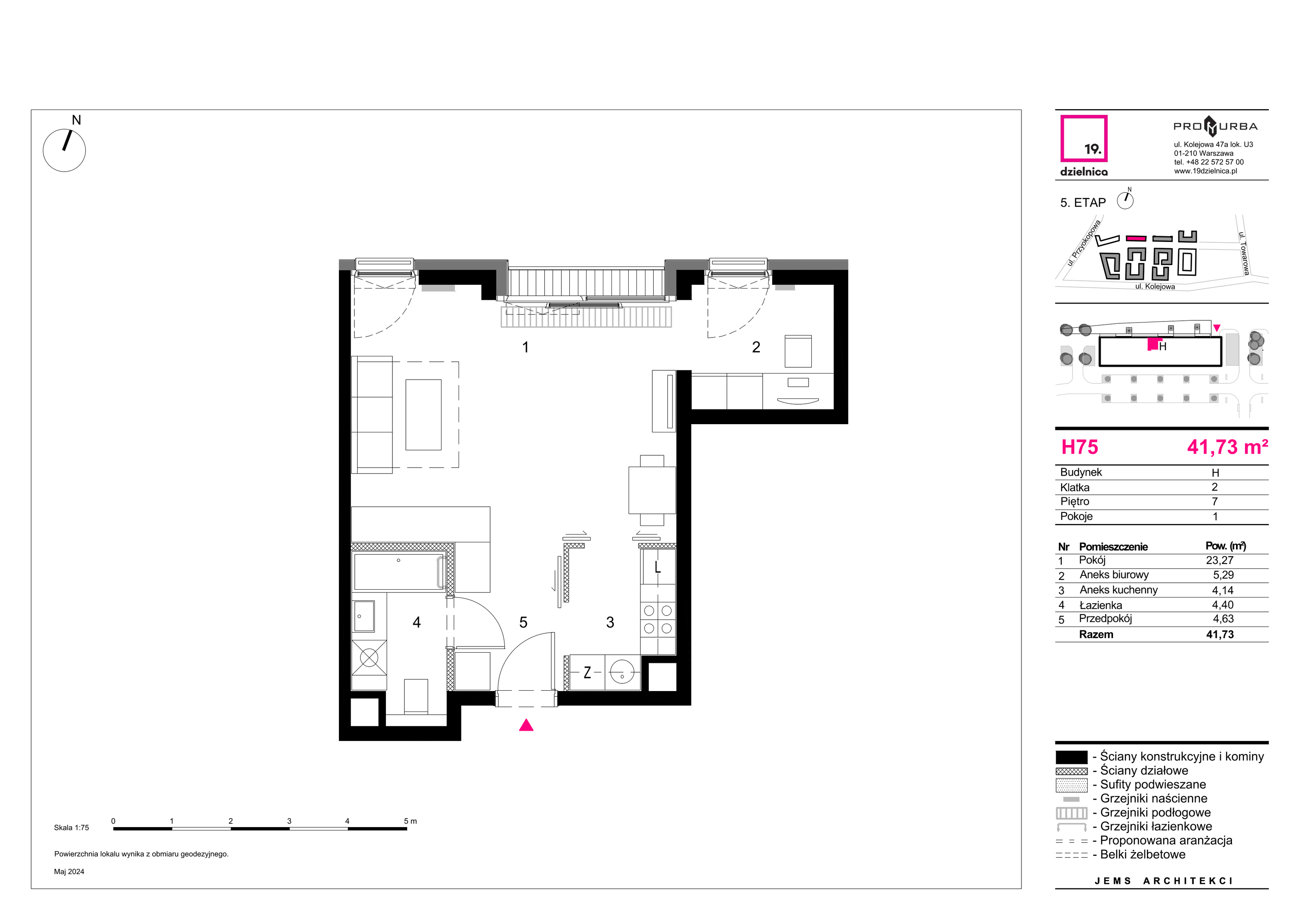 Mieszkanie 41,73 m², piętro 7, oferta nr H75, 19. Dzielnica V etap, Warszawa, Wola, Czyste, ul. Kolejowa 49-idx