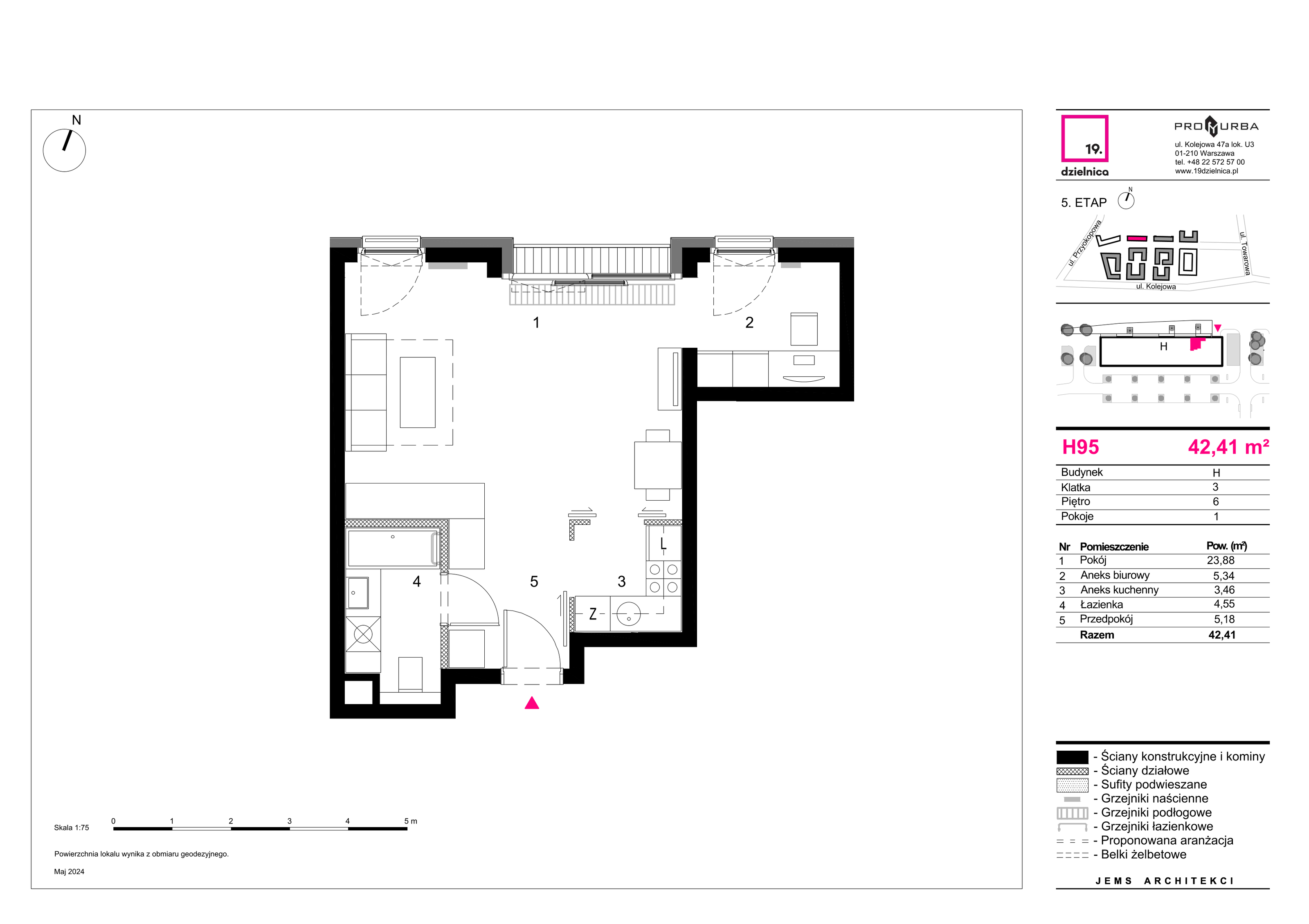 Mieszkanie 42,41 m², piętro 6, oferta nr H95, 19. Dzielnica V etap, Warszawa, Wola, Czyste, ul. Kolejowa 49-idx