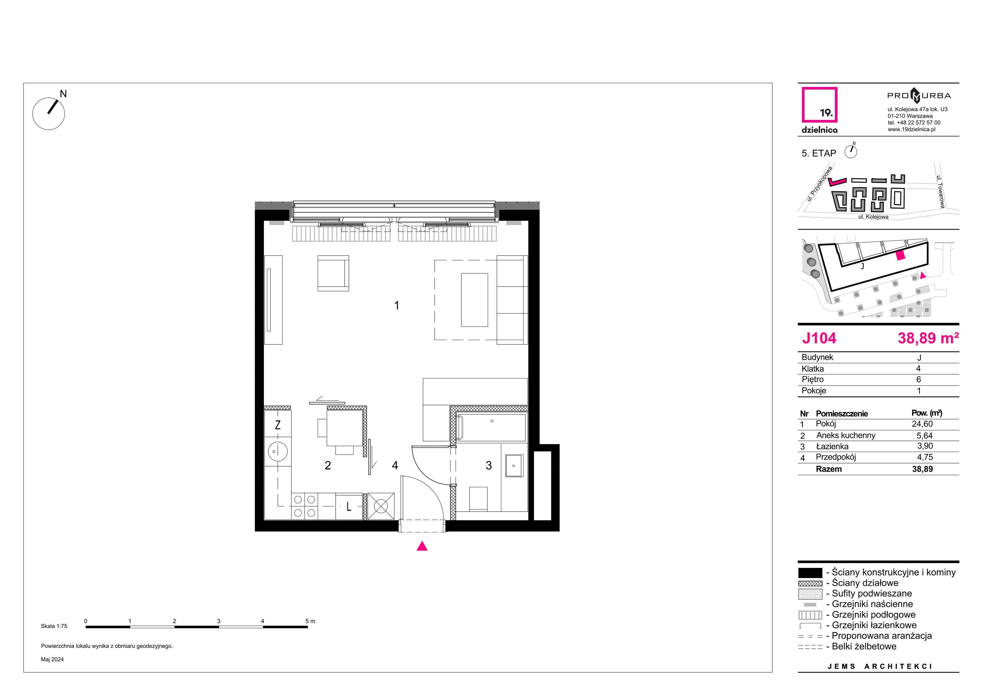 Mieszkanie 38,89 m², piętro 6, oferta nr J104, 19. Dzielnica V etap, Warszawa, Wola, Czyste, ul. Kolejowa 49-idx