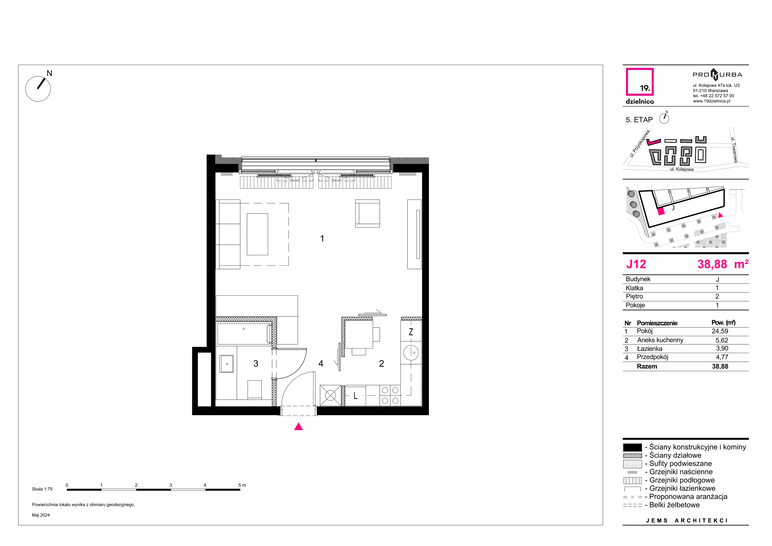 Mieszkanie 38,88 m², piętro 2, oferta nr J12, 19. Dzielnica V etap, Warszawa, Wola, Czyste, ul. Kolejowa 49-idx