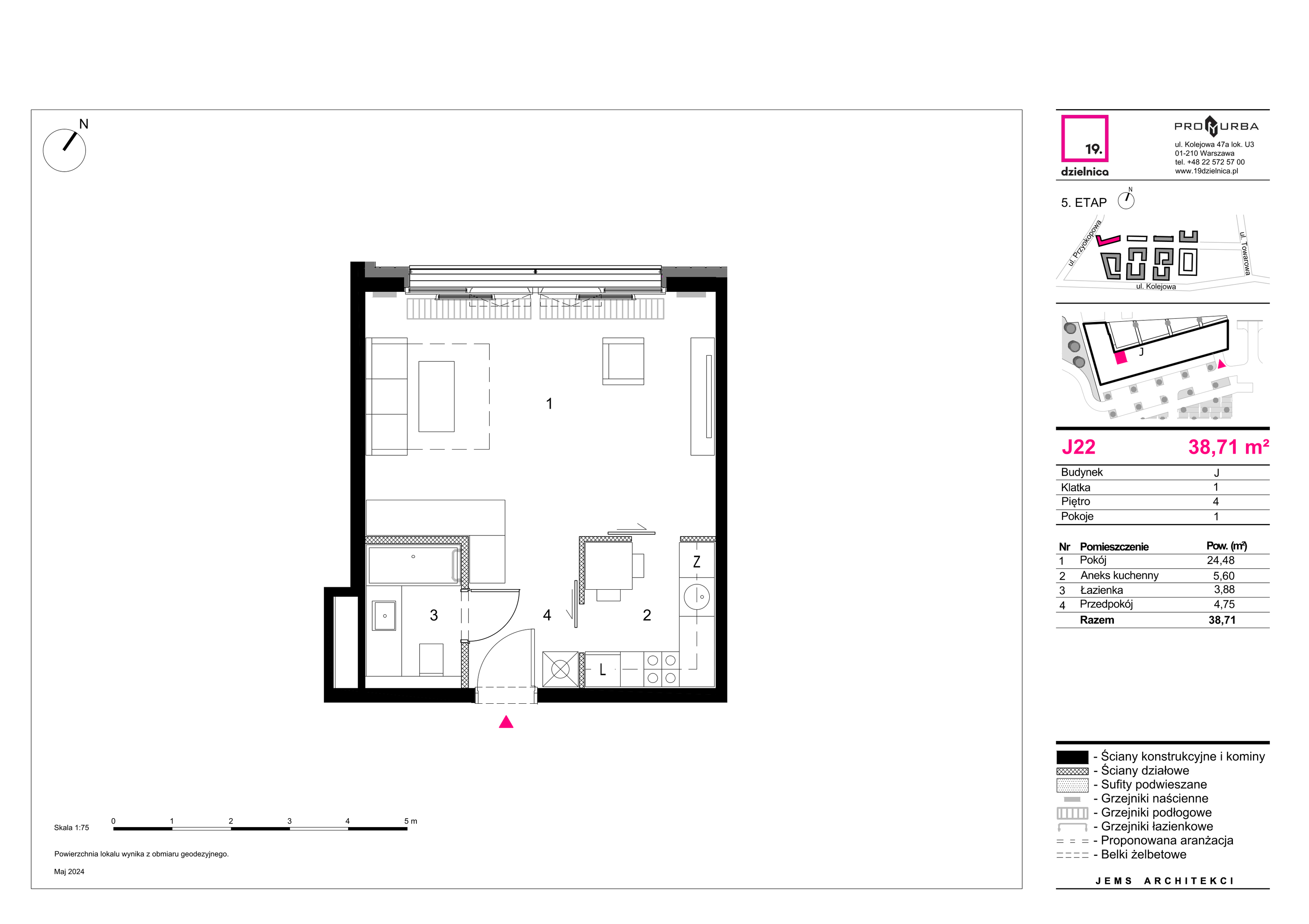 Mieszkanie 38,71 m², piętro 4, oferta nr J22, 19. Dzielnica V etap, Warszawa, Wola, Czyste, ul. Kolejowa 49-idx