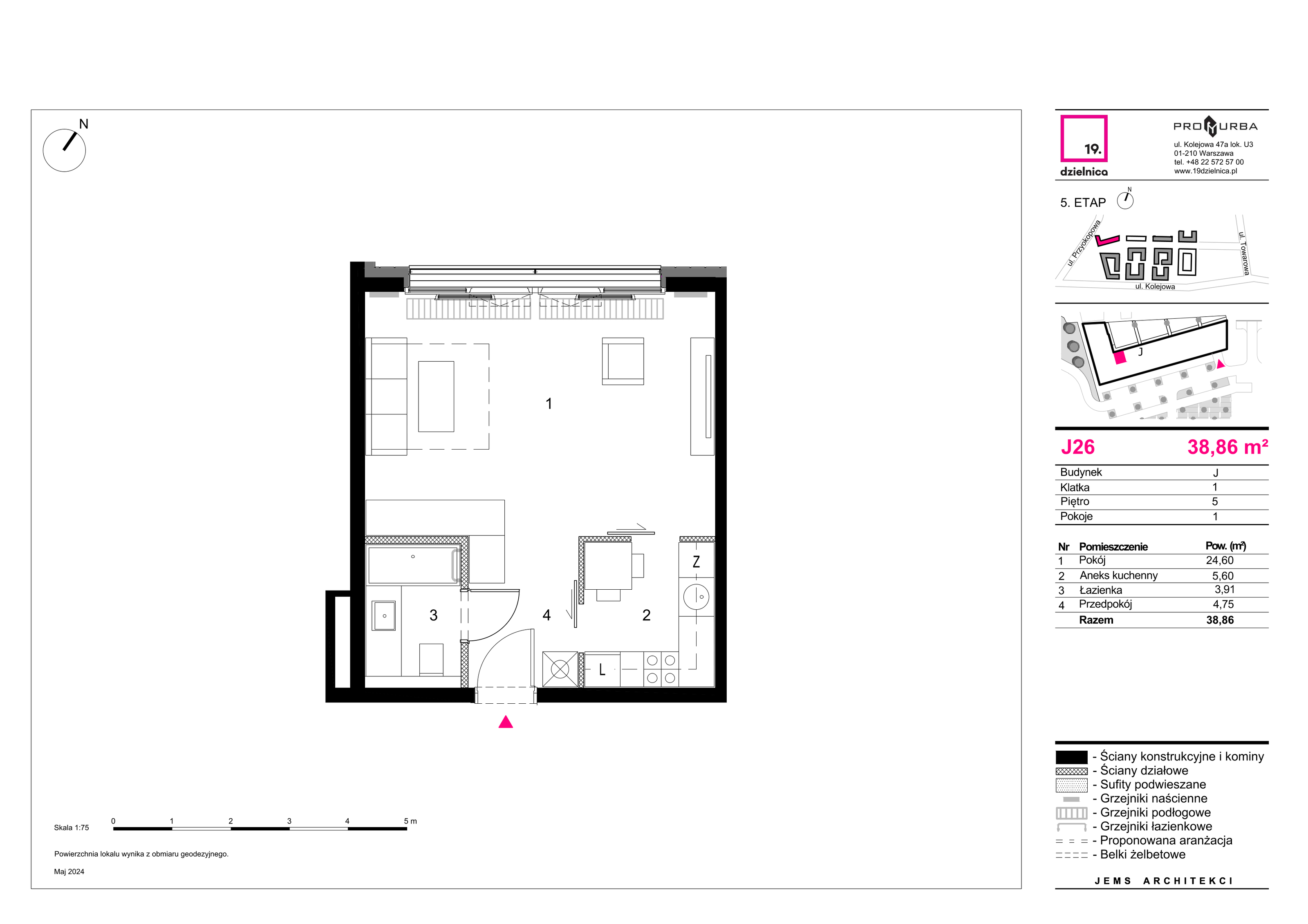 Mieszkanie 38,86 m², piętro 5, oferta nr J26, 19. Dzielnica V etap, Warszawa, Wola, Czyste, ul. Kolejowa 49-idx