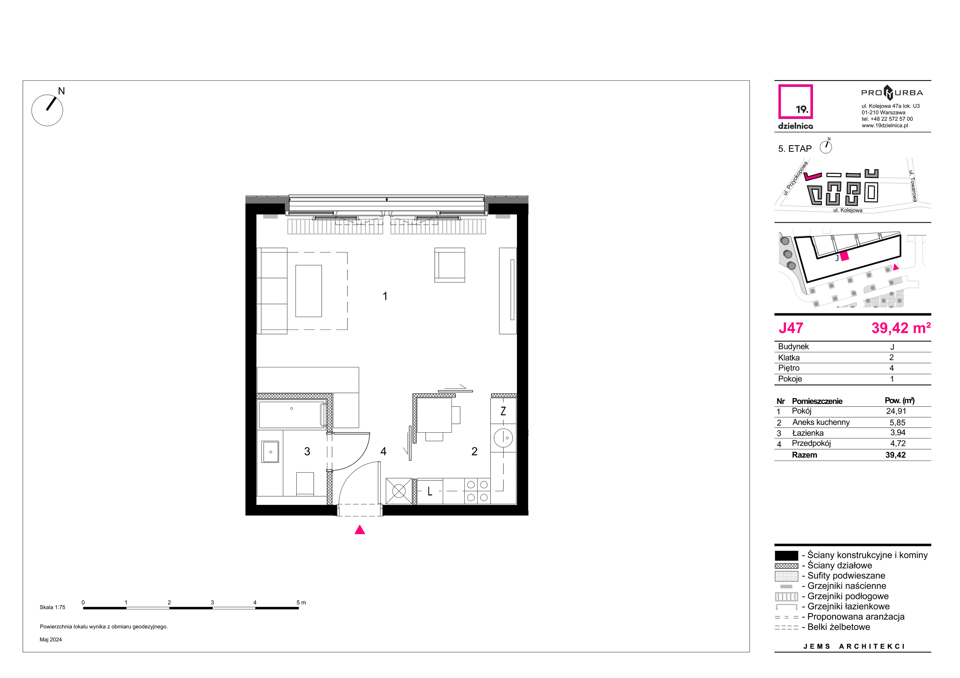 Mieszkanie 39,42 m², piętro 4, oferta nr J47, 19. Dzielnica V etap, Warszawa, Wola, Czyste, ul. Kolejowa 49-idx