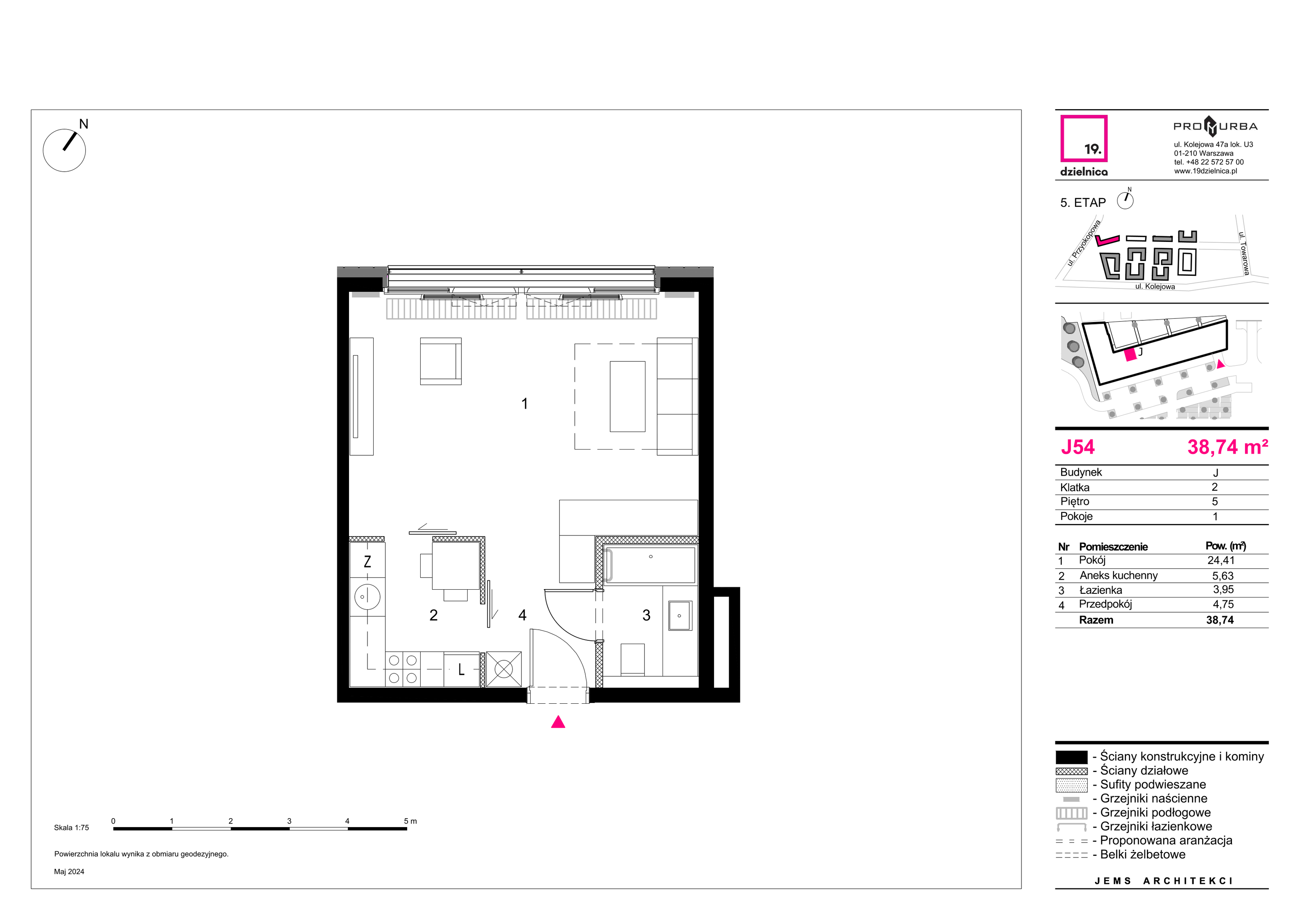 Mieszkanie 38,74 m², piętro 5, oferta nr J54, 19. Dzielnica V etap, Warszawa, Wola, Czyste, ul. Kolejowa 49-idx