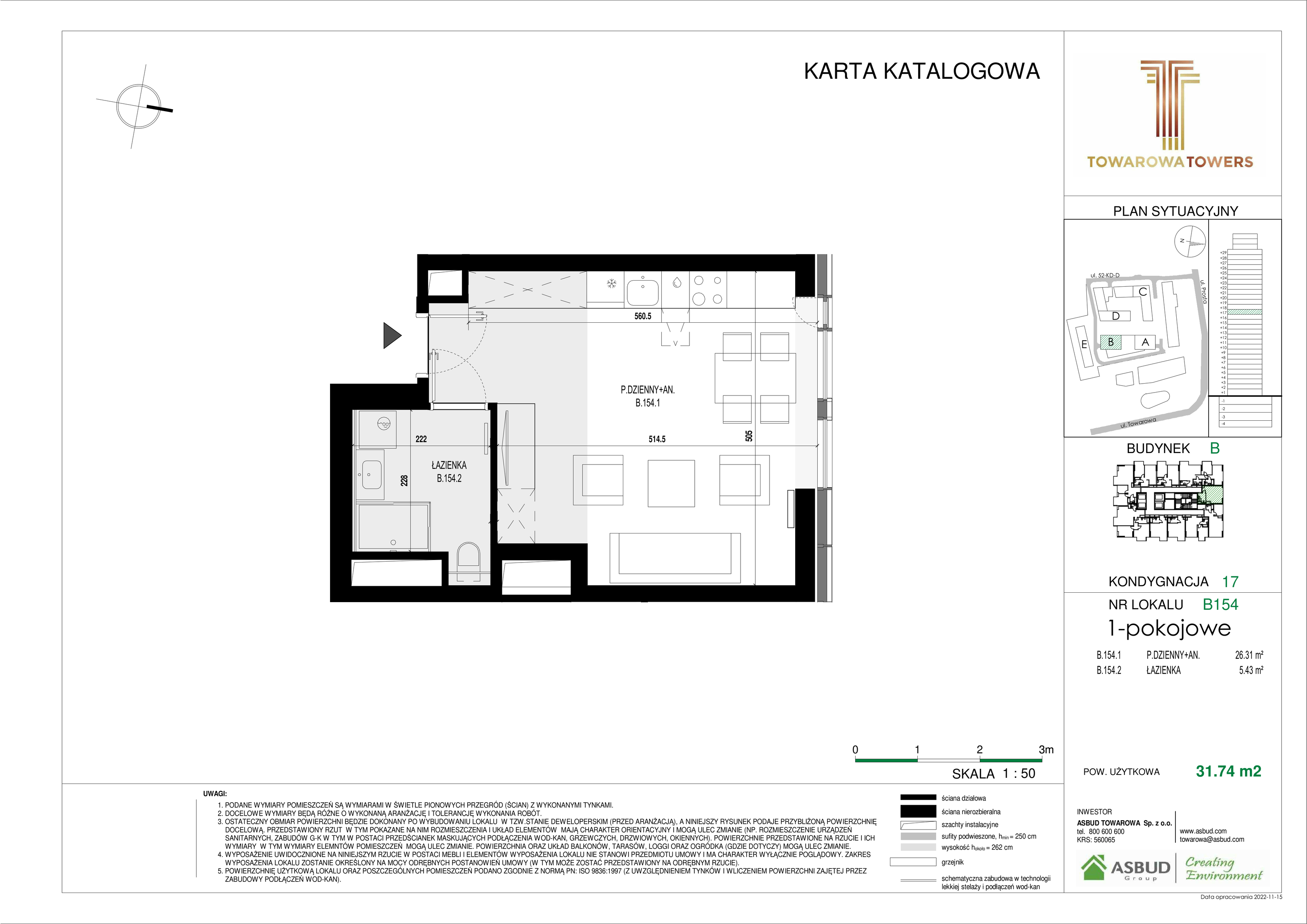 Apartament 31,74 m², piętro 17, oferta nr B.154, Towarowa Towers, Warszawa, Wola, Czyste, ul. Towarowa-idx