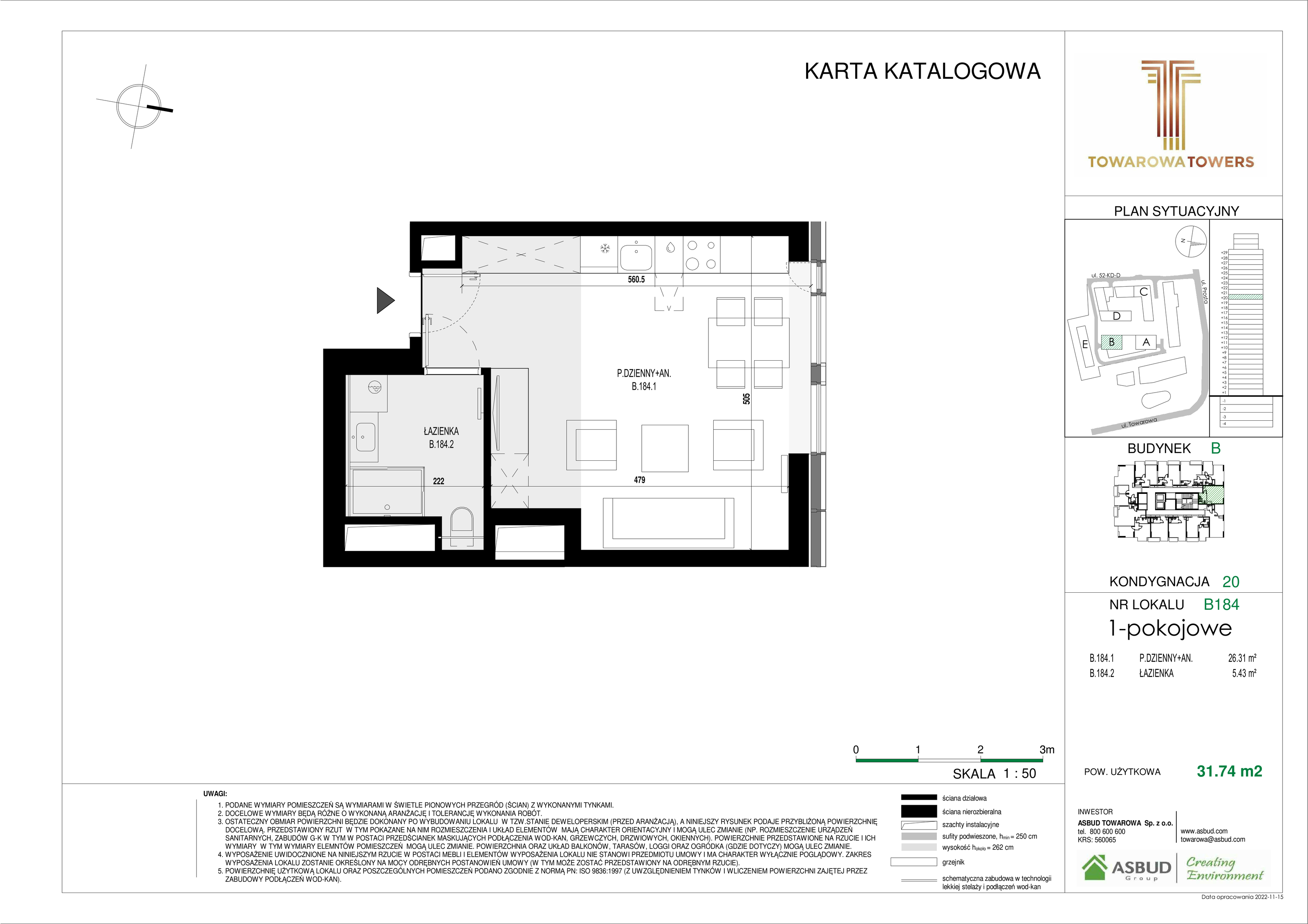 Apartament 31,74 m², piętro 20, oferta nr B.184, Towarowa Towers, Warszawa, Wola, Czyste, ul. Towarowa-idx