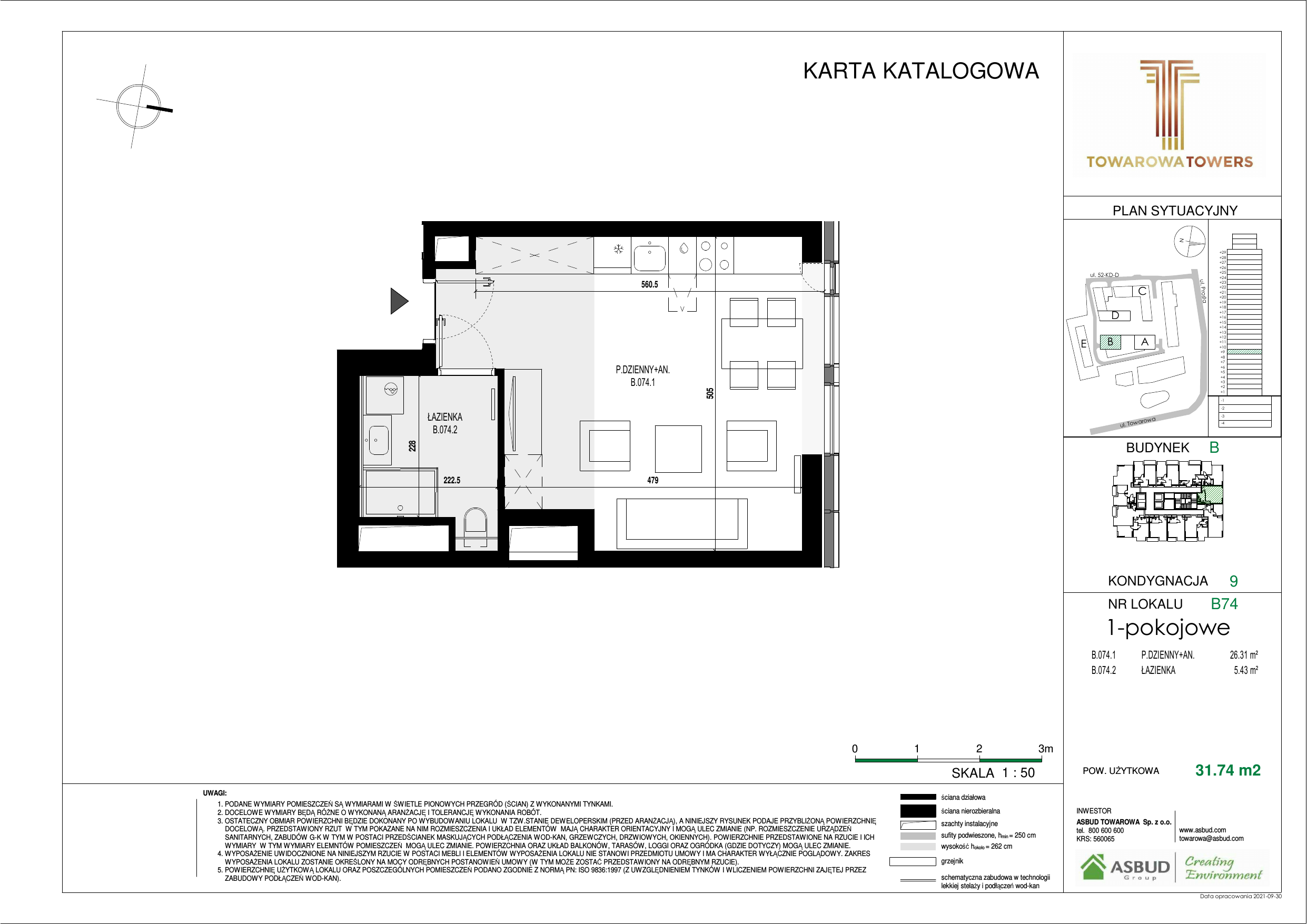 Apartament 31,74 m², piętro 9, oferta nr B.074, Towarowa Towers, Warszawa, Wola, Czyste, ul. Towarowa-idx