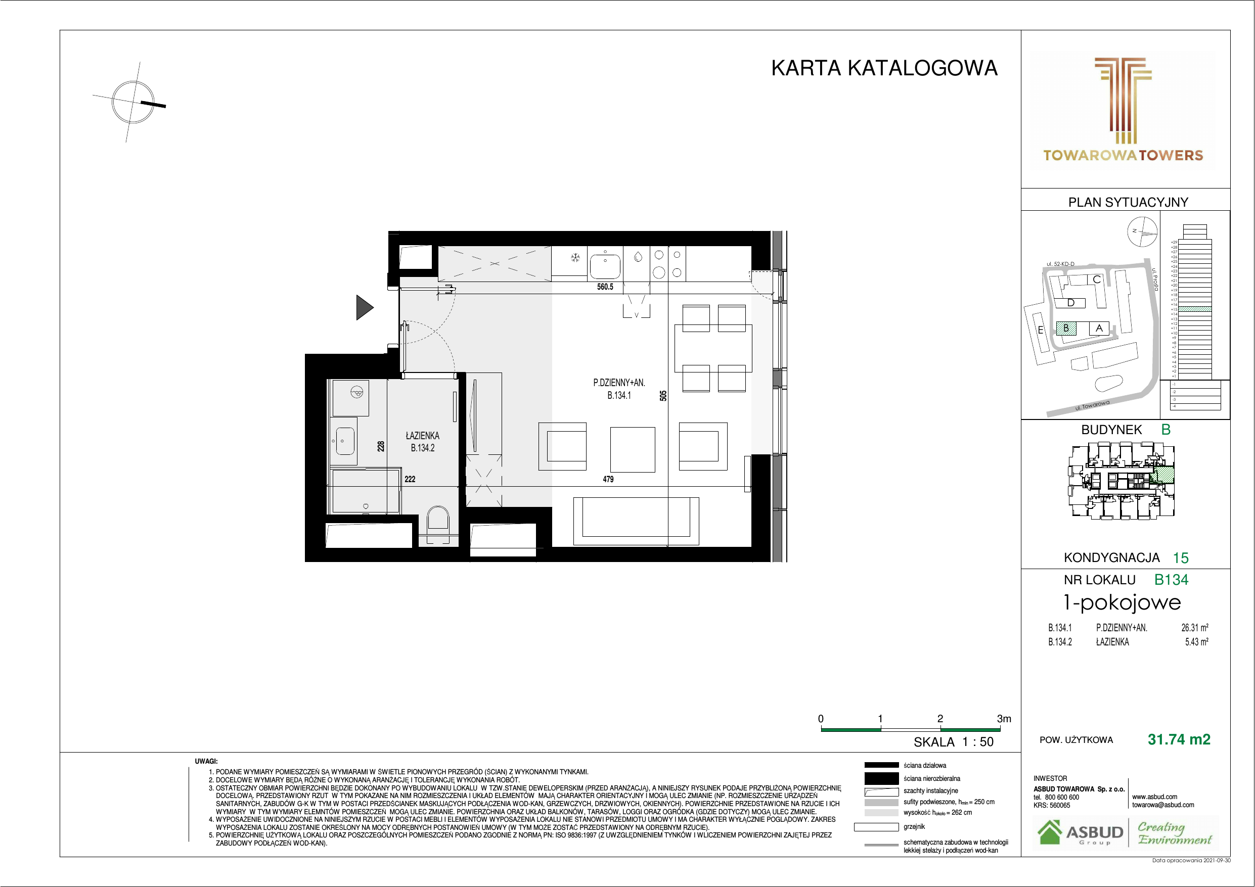 Apartament 31,74 m², piętro 15, oferta nr B.134, Towarowa Towers, Warszawa, Wola, Czyste, ul. Towarowa-idx