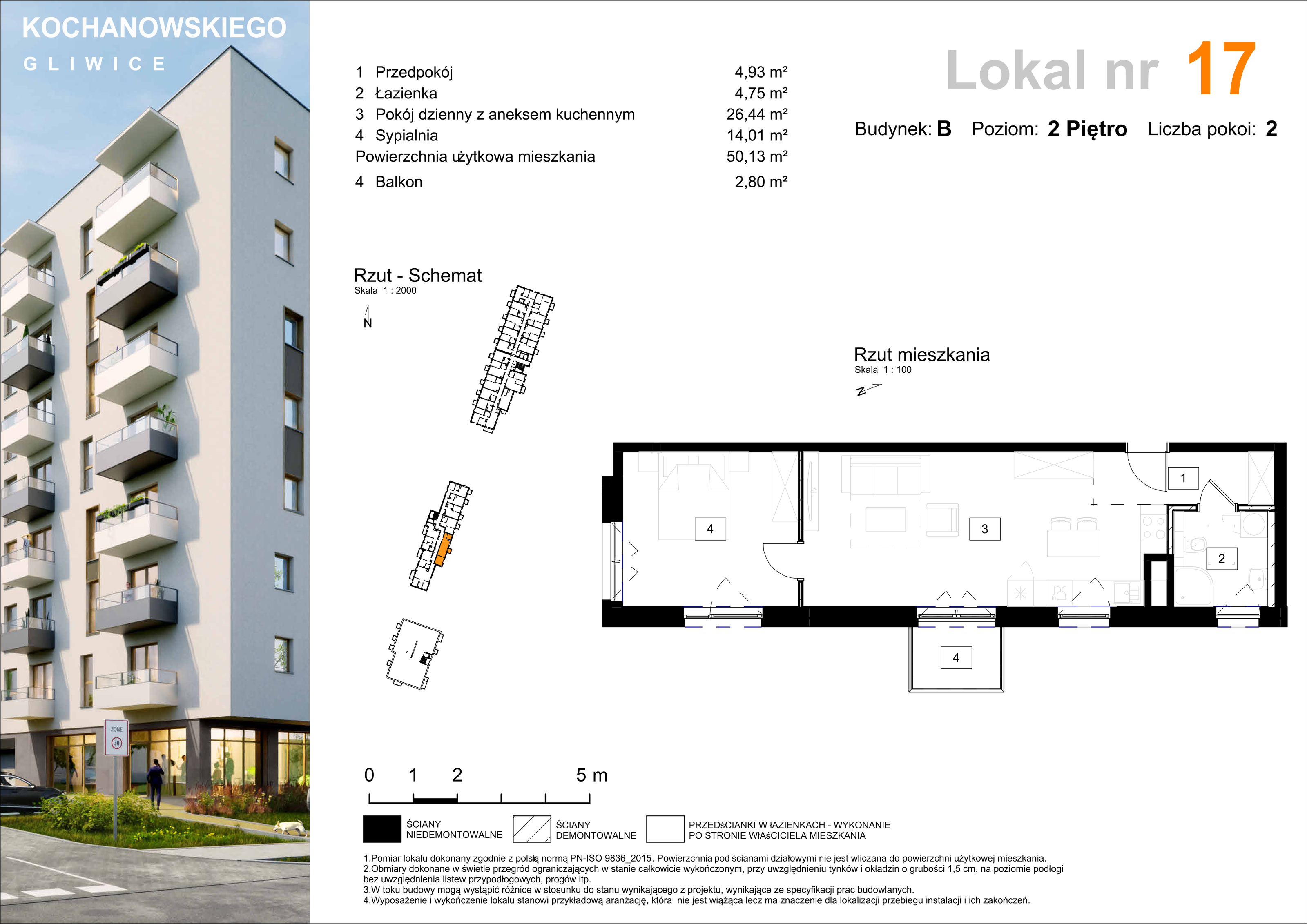 Mieszkanie 50,13 m², piętro 2, oferta nr B-17, Osiedle Kochanowskiego, Gliwice, Trynek, ul. Kochanowskiego-idx