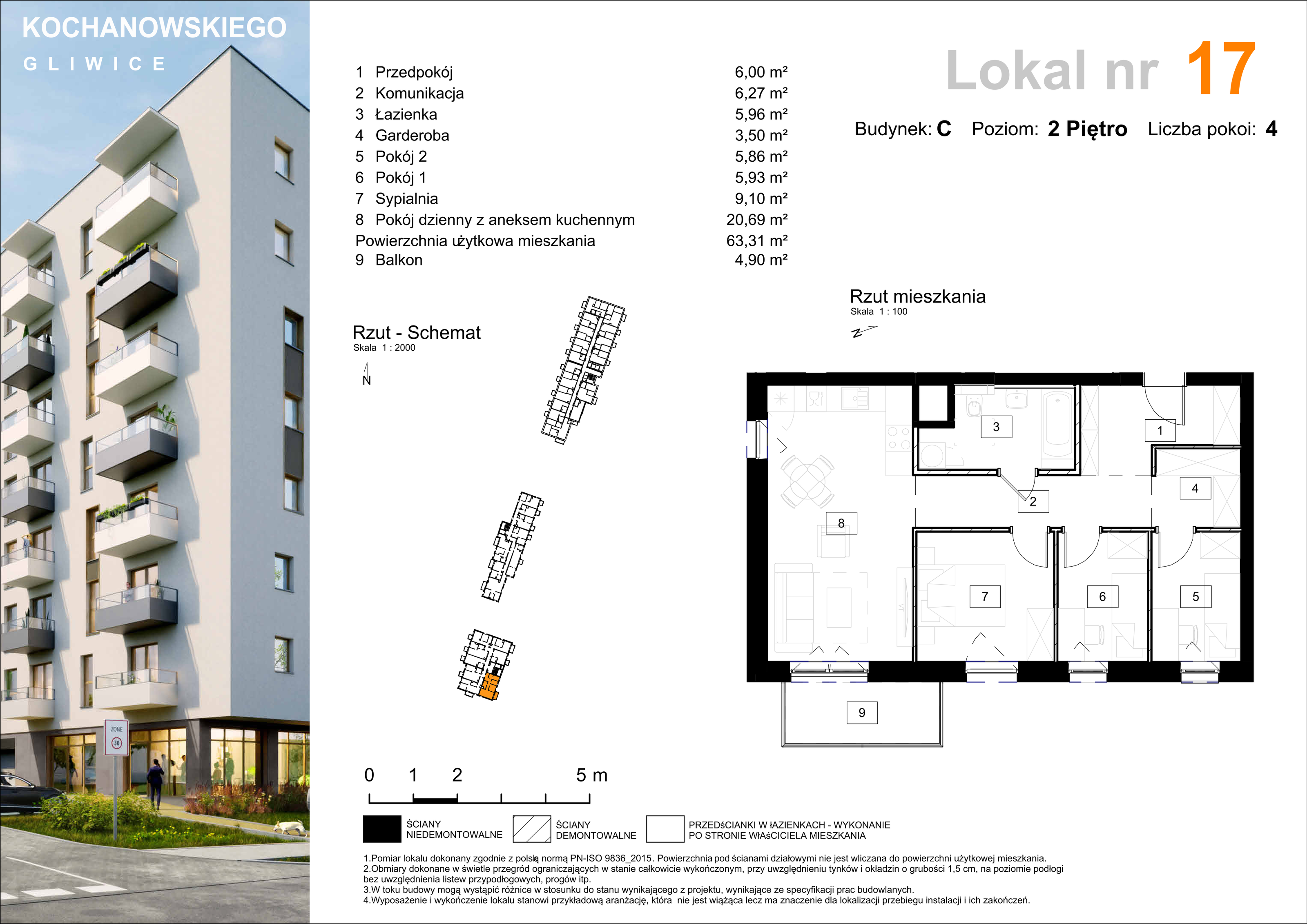 Mieszkanie 63,31 m², piętro 2, oferta nr C-17, Osiedle Kochanowskiego, Gliwice, Trynek, ul. Kochanowskiego-idx