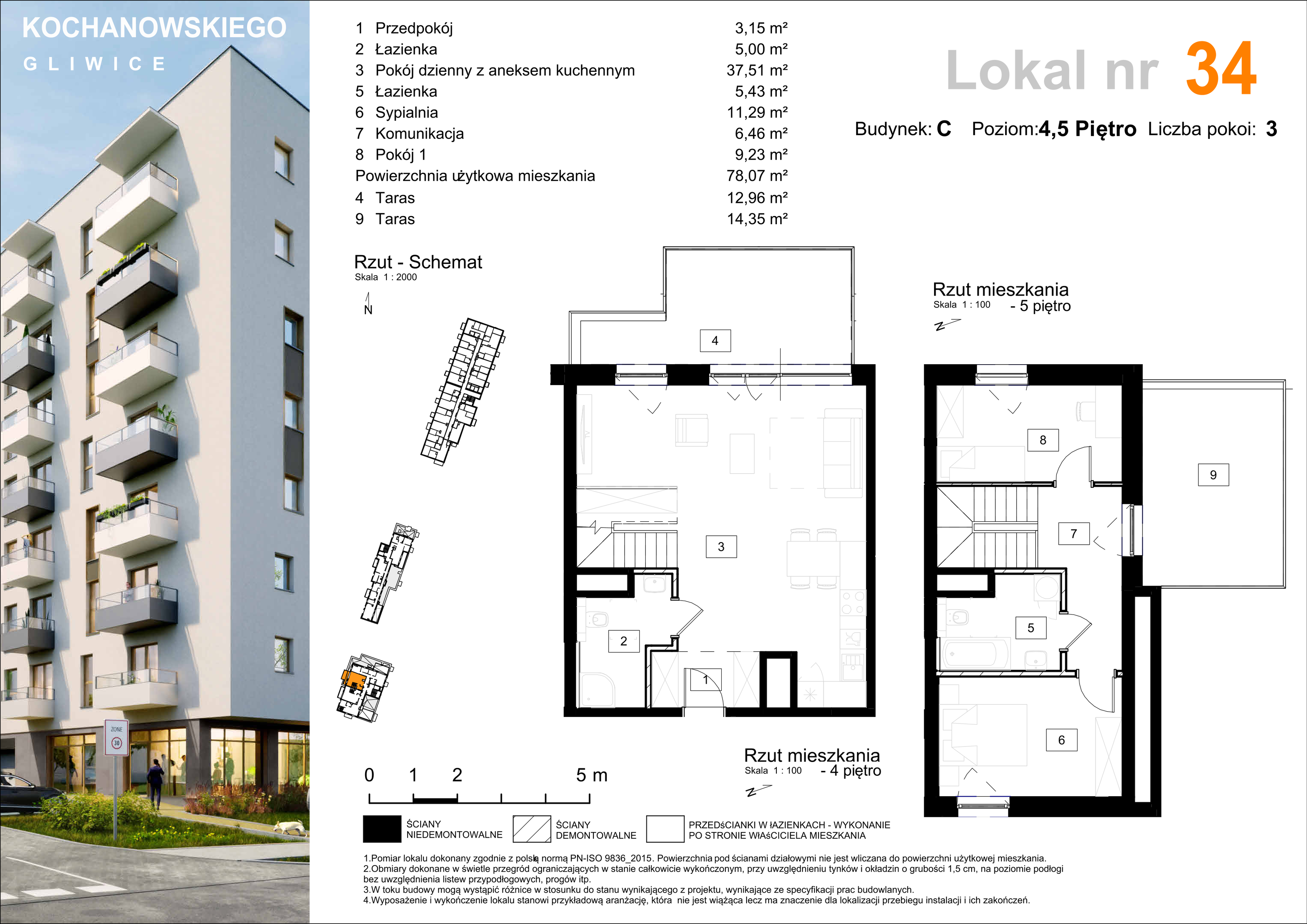 Mieszkanie 78,07 m², piętro 4, oferta nr C-34, Osiedle Kochanowskiego, Gliwice, Trynek, ul. Kochanowskiego-idx