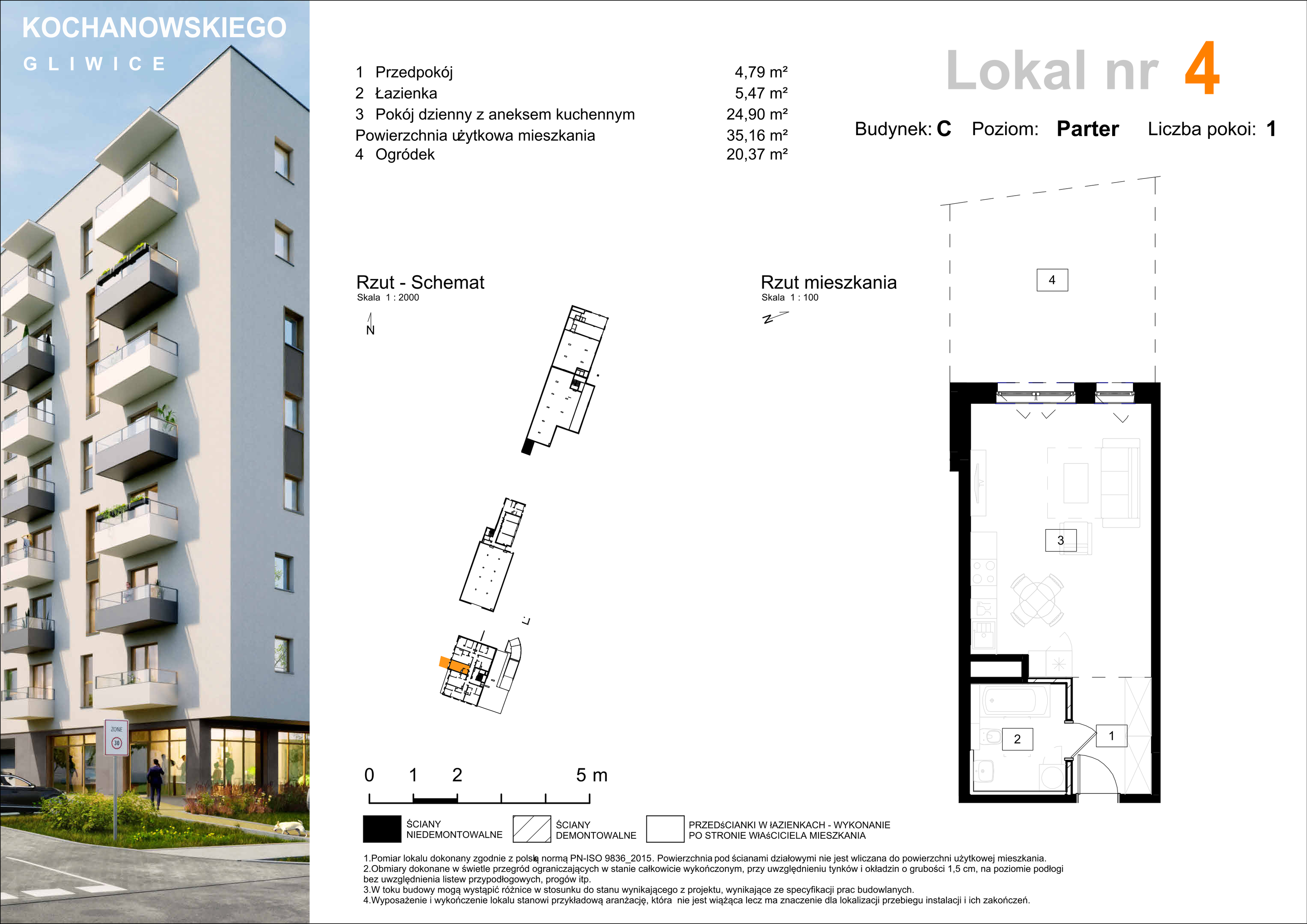 Mieszkanie 35,16 m², parter, oferta nr C-4, Osiedle Kochanowskiego, Gliwice, Trynek, ul. Kochanowskiego-idx