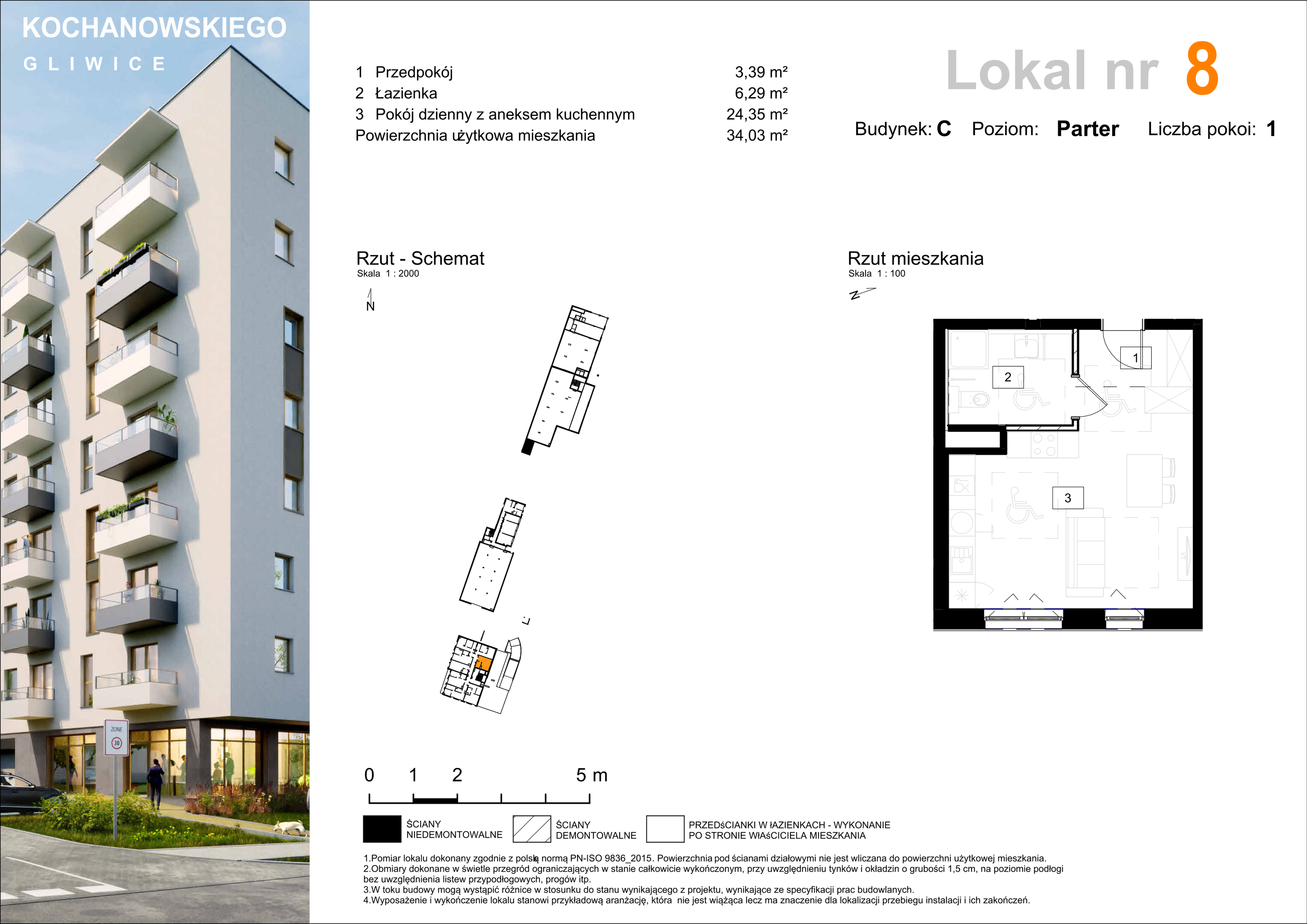 Mieszkanie 34,03 m², parter, oferta nr C-8, Osiedle Kochanowskiego, Gliwice, Trynek, ul. Kochanowskiego-idx