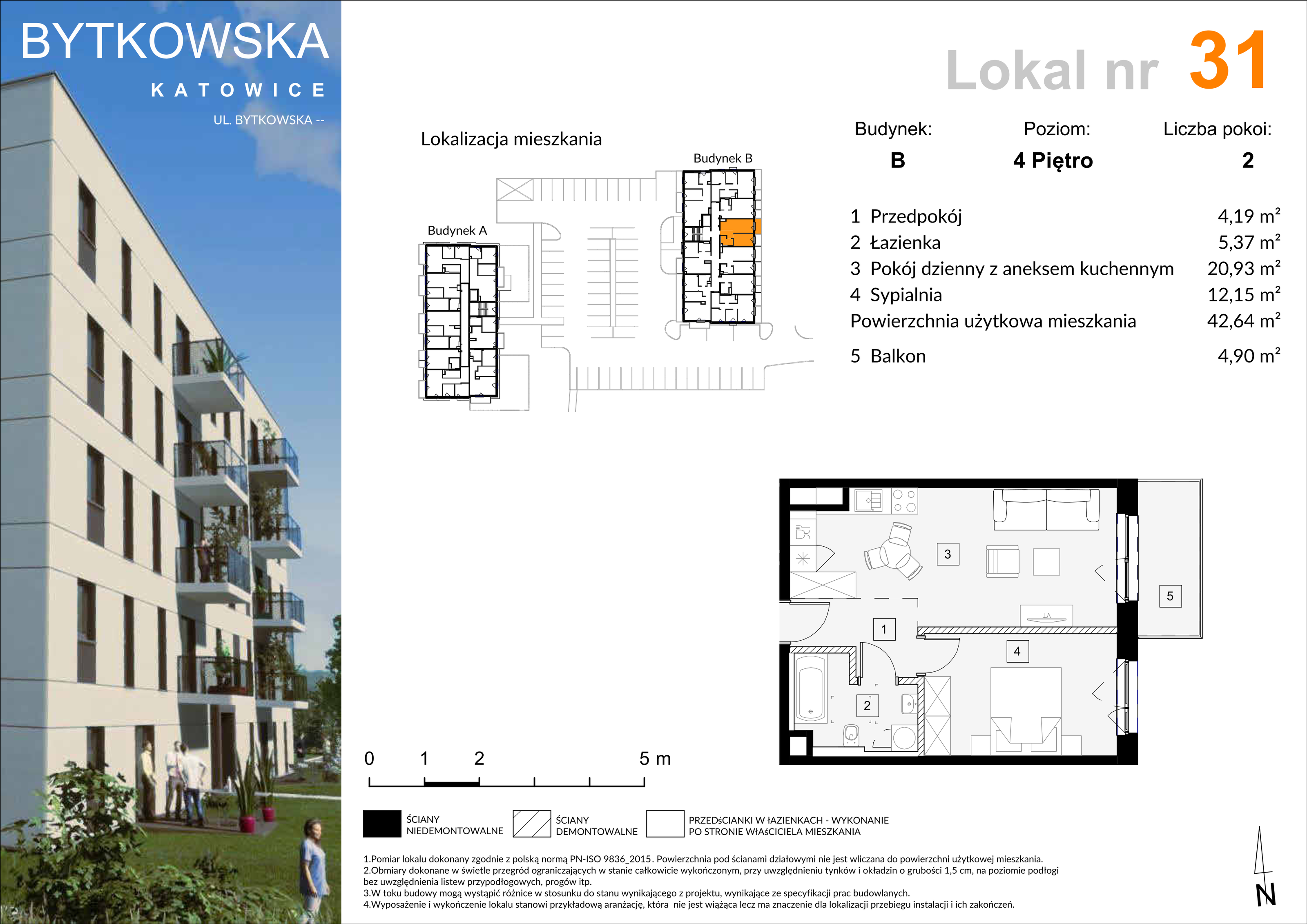 Mieszkanie 43,13 m², piętro 4, oferta nr B_31, Bytkowska, Katowice, Wełnowiec-Józefowiec, ul. Bytkowska-idx