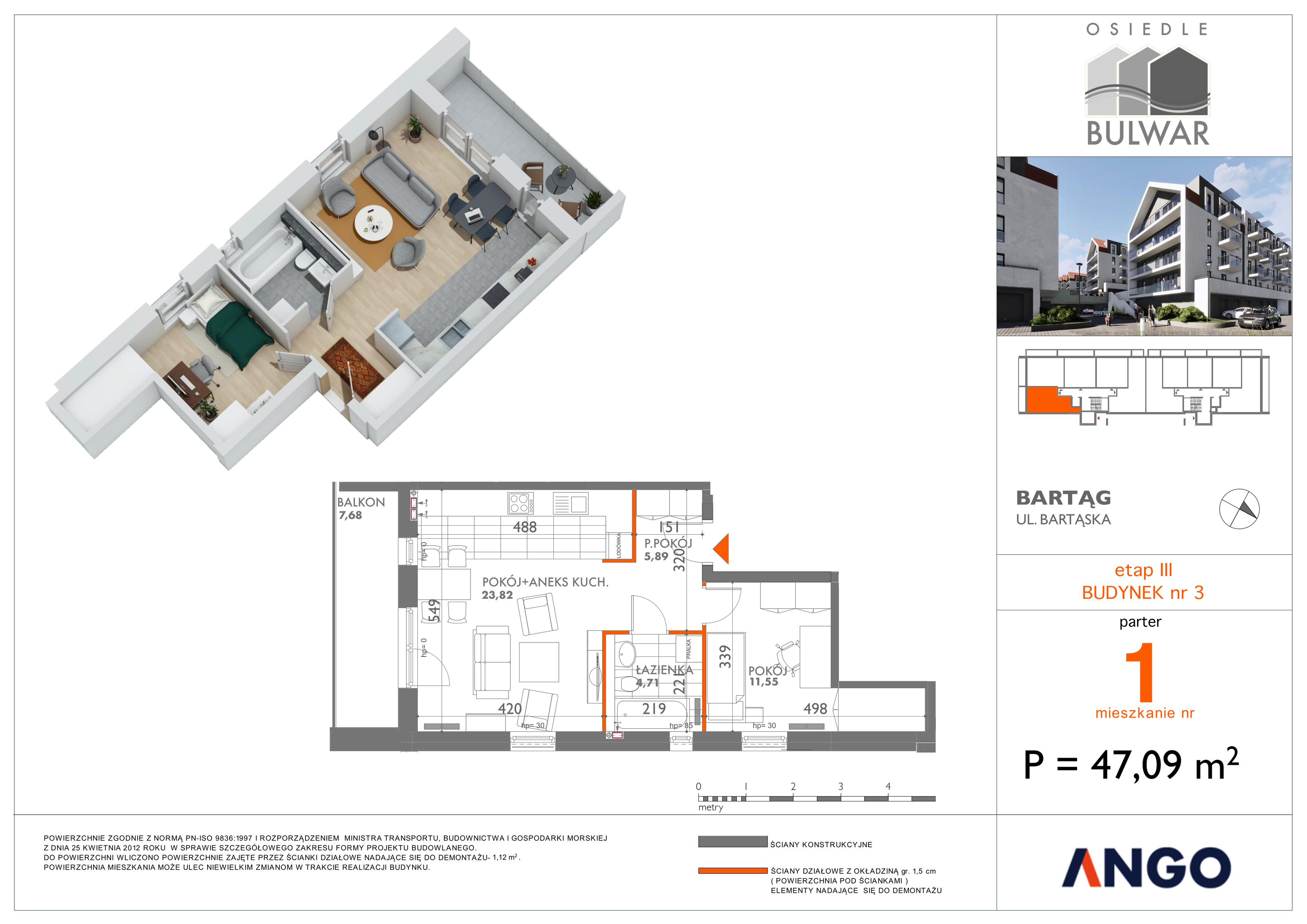 Mieszkanie 47,09 m², parter, oferta nr 1, Osiedle Bulwar, Bartąg, ul. Bartąska-idx