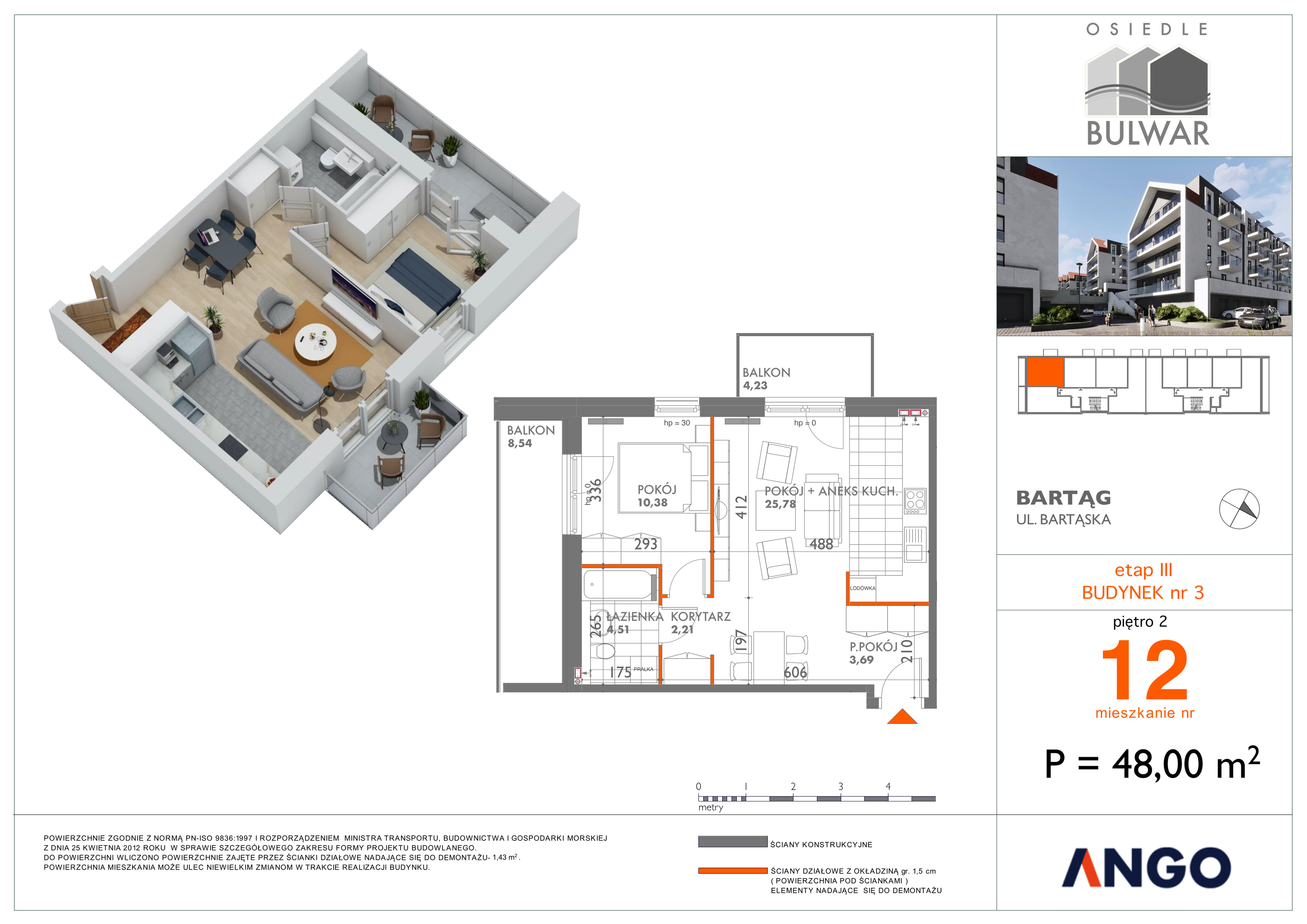 Mieszkanie 48,00 m², piętro 2, oferta nr 12, Osiedle Bulwar, Bartąg, ul. Bartąska-idx