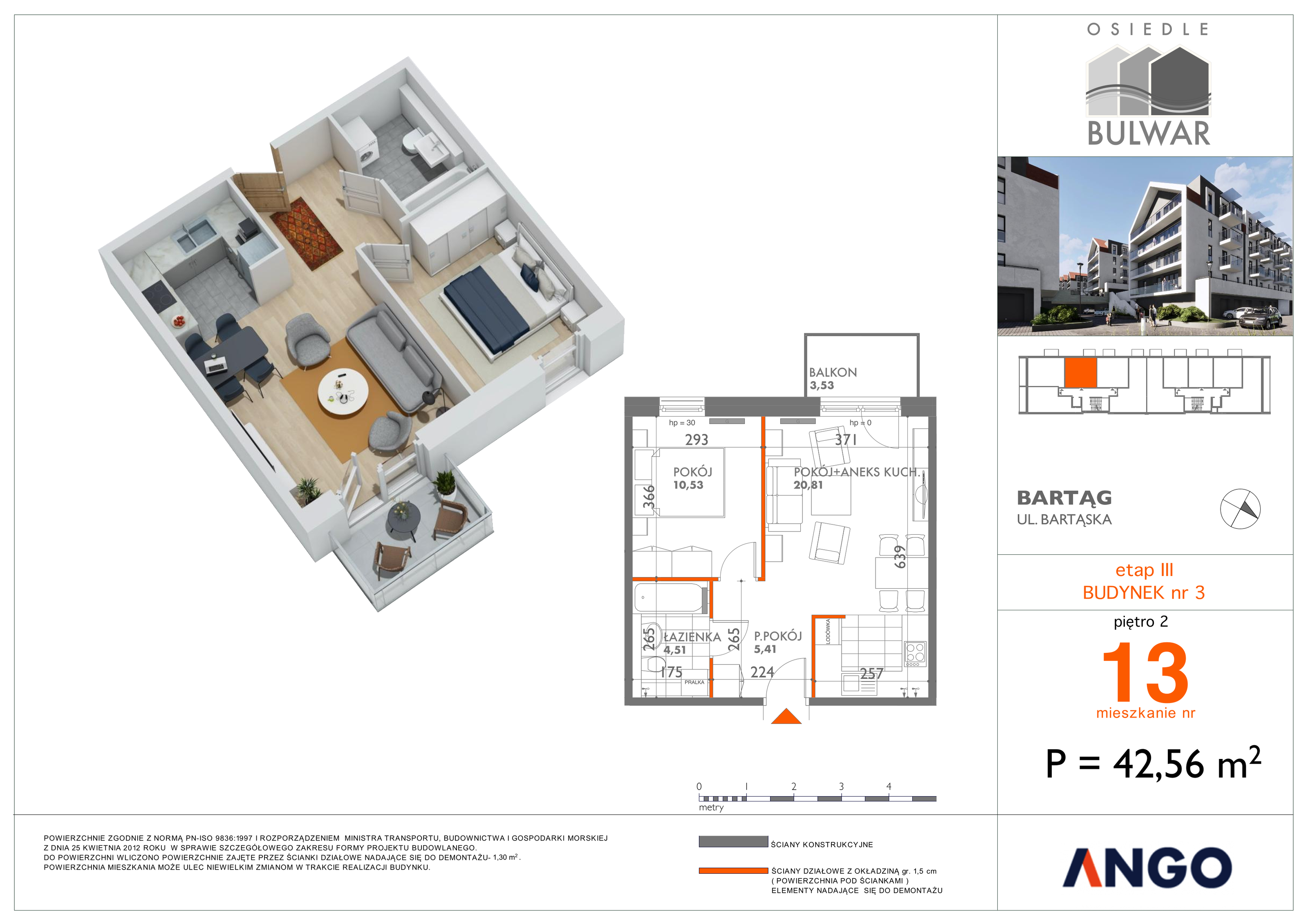 Mieszkanie 42,56 m², piętro 2, oferta nr 13, Osiedle Bulwar, Bartąg, ul. Bartąska-idx