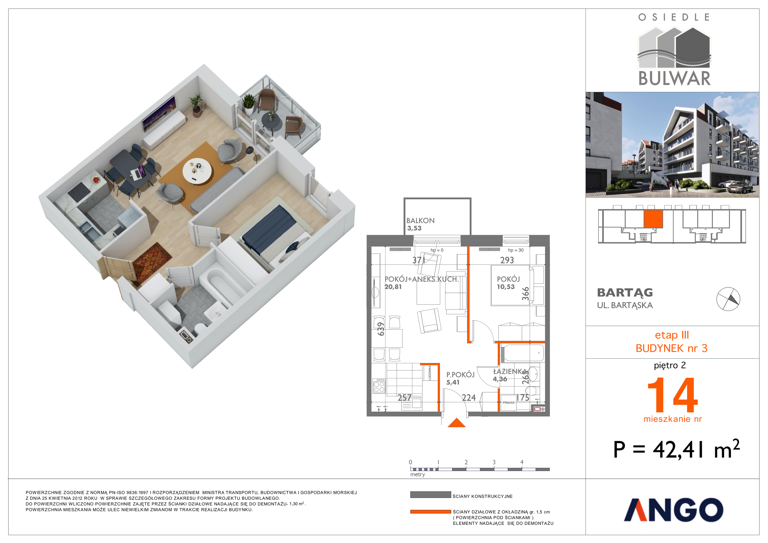 Mieszkanie 42,41 m², piętro 2, oferta nr 14, Osiedle Bulwar, Bartąg, ul. Bartąska-idx