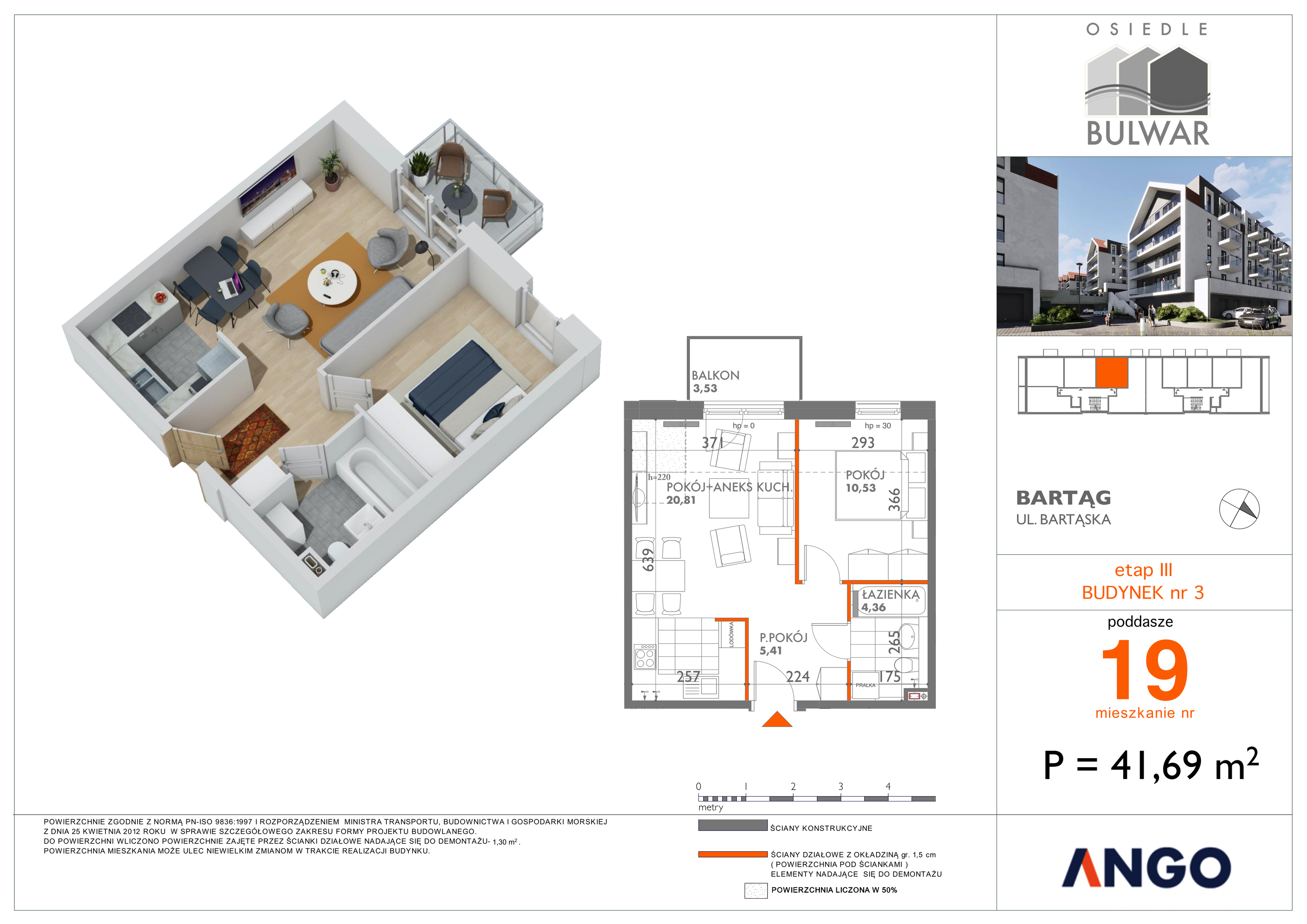 Mieszkanie 41,69 m², piętro 3, oferta nr 19, Osiedle Bulwar, Bartąg, ul. Bartąska-idx