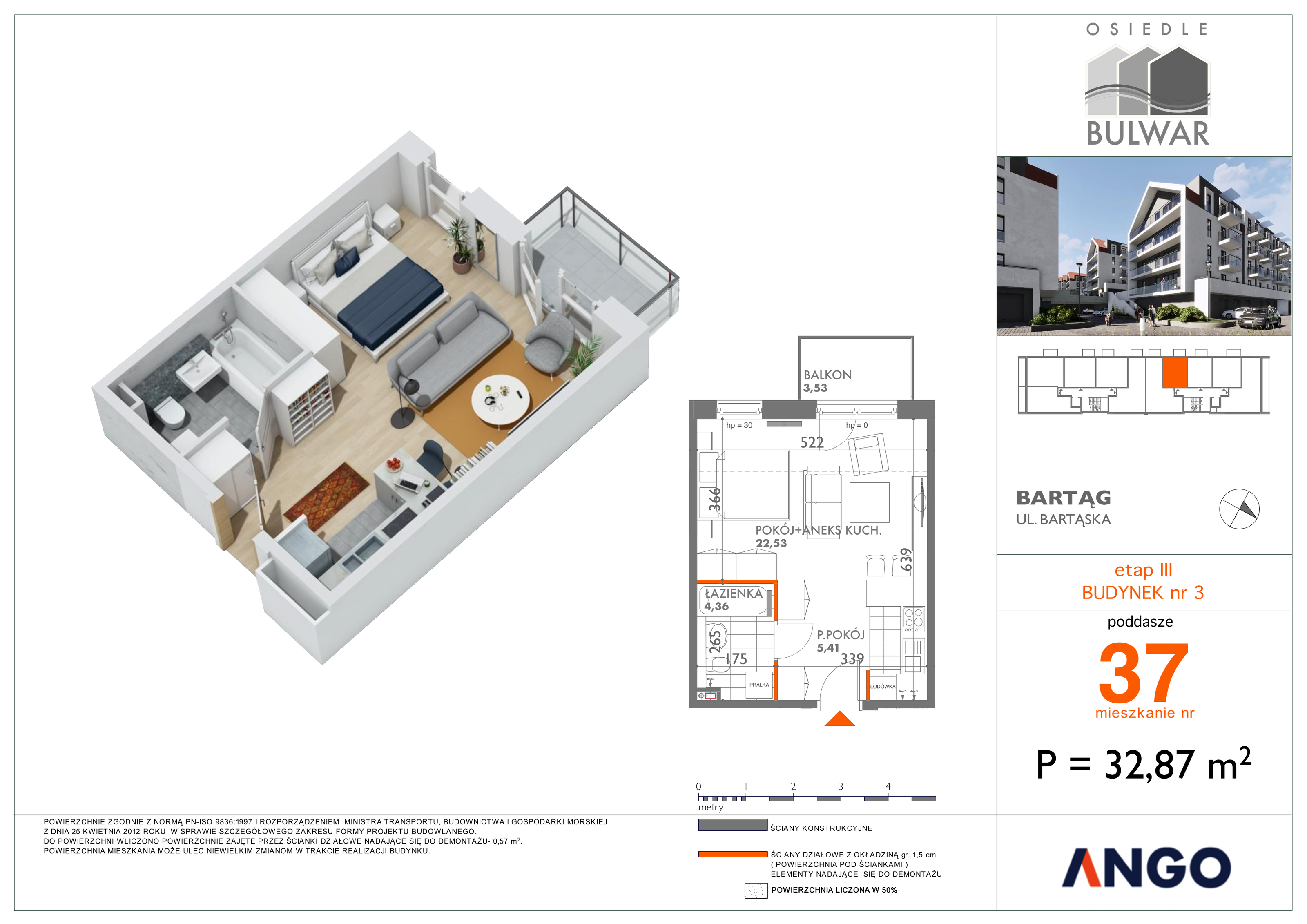 Mieszkanie 32,87 m², piętro 3, oferta nr 37, Osiedle Bulwar, Bartąg, ul. Bartąska-idx