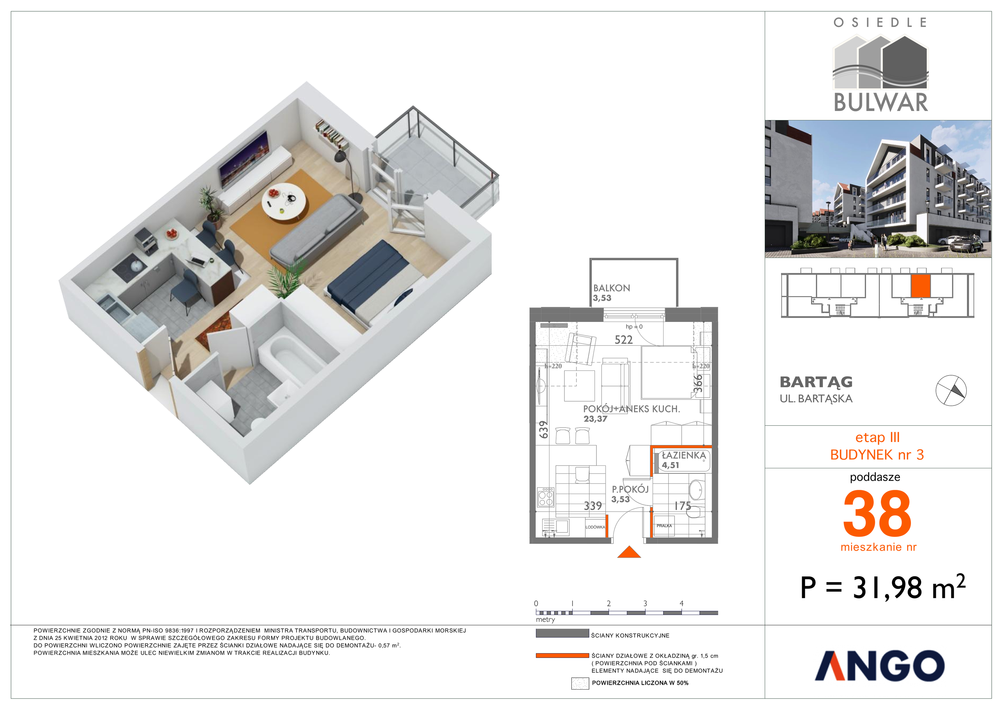 Mieszkanie 31,98 m², piętro 3, oferta nr 38, Osiedle Bulwar, Bartąg, ul. Bartąska-idx