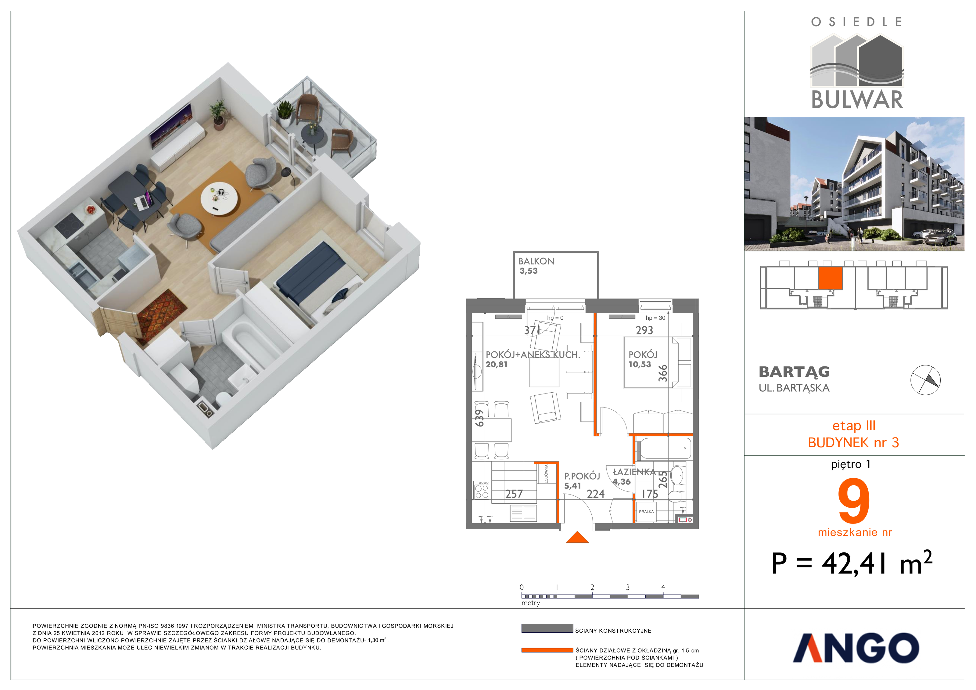 Mieszkanie 42,41 m², piętro 1, oferta nr 9, Osiedle Bulwar, Bartąg, ul. Bartąska-idx