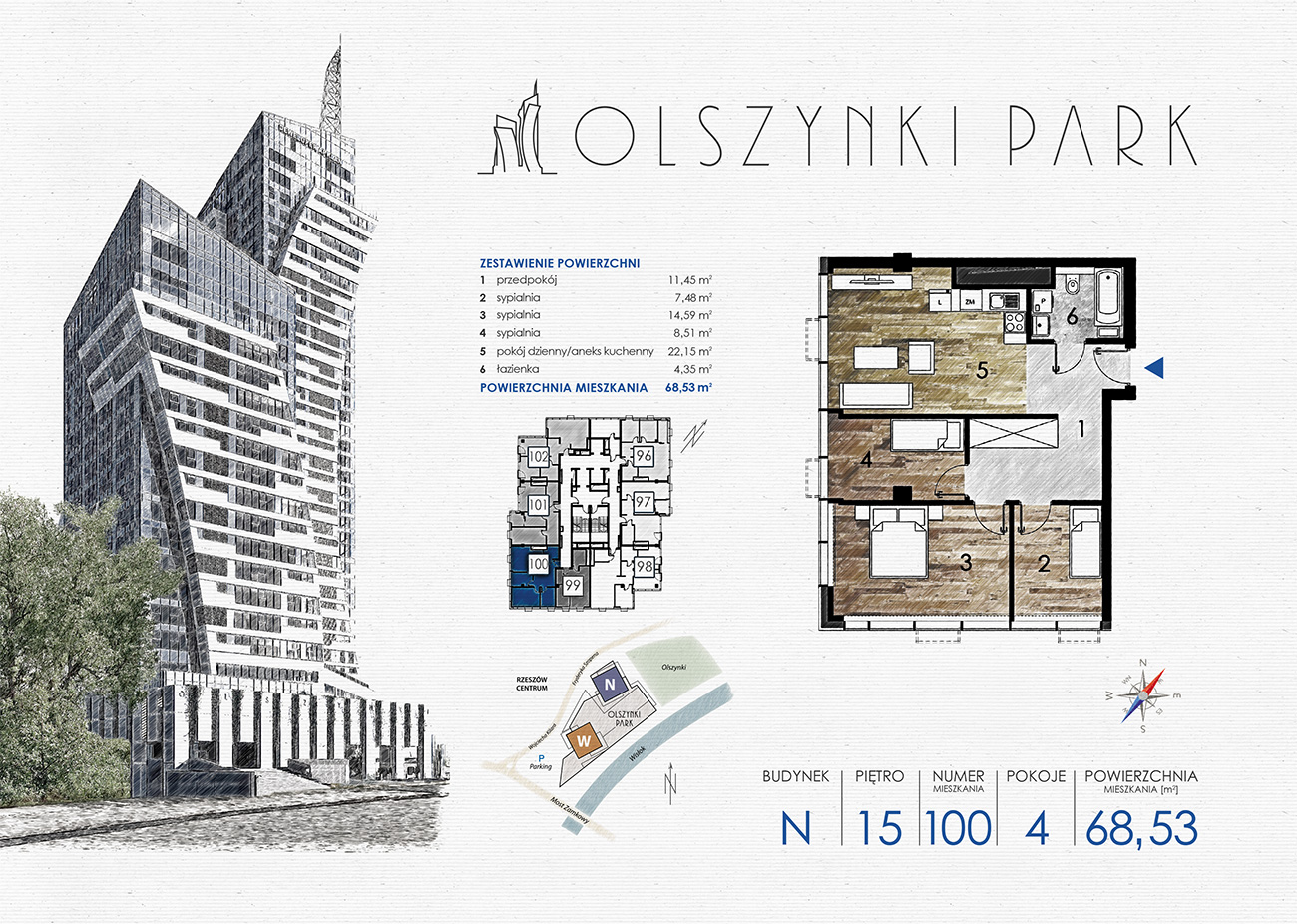 Mieszkanie 68,53 m², piętro 15, oferta nr N100, Olszynki Park, Rzeszów, Śródmieście-Południe, ul. Szopena-idx