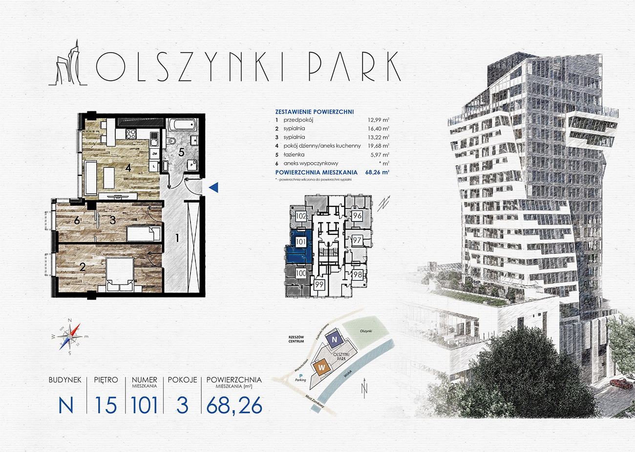 Mieszkanie 68,26 m², piętro 15, oferta nr N101, Olszynki Park, Rzeszów, Śródmieście-Południe, ul. Szopena-idx