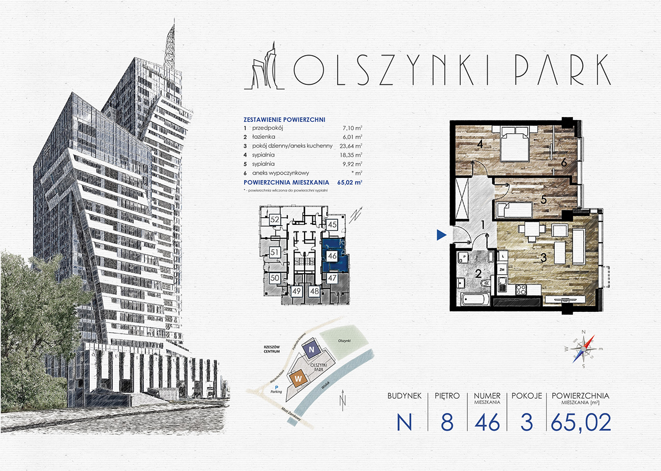 Mieszkanie 65,02 m², piętro 8, oferta nr N46, Olszynki Park, Rzeszów, Śródmieście-Południe, ul. Szopena-idx