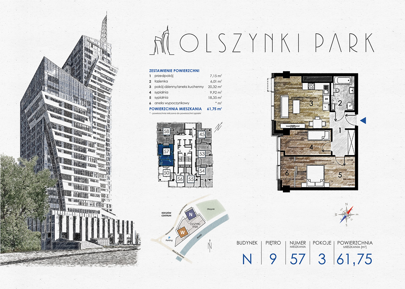 Apartament 61,75 m², piętro 9, oferta nr N57, Olszynki Park, Rzeszów, Śródmieście-Południe, ul. Szopena-idx