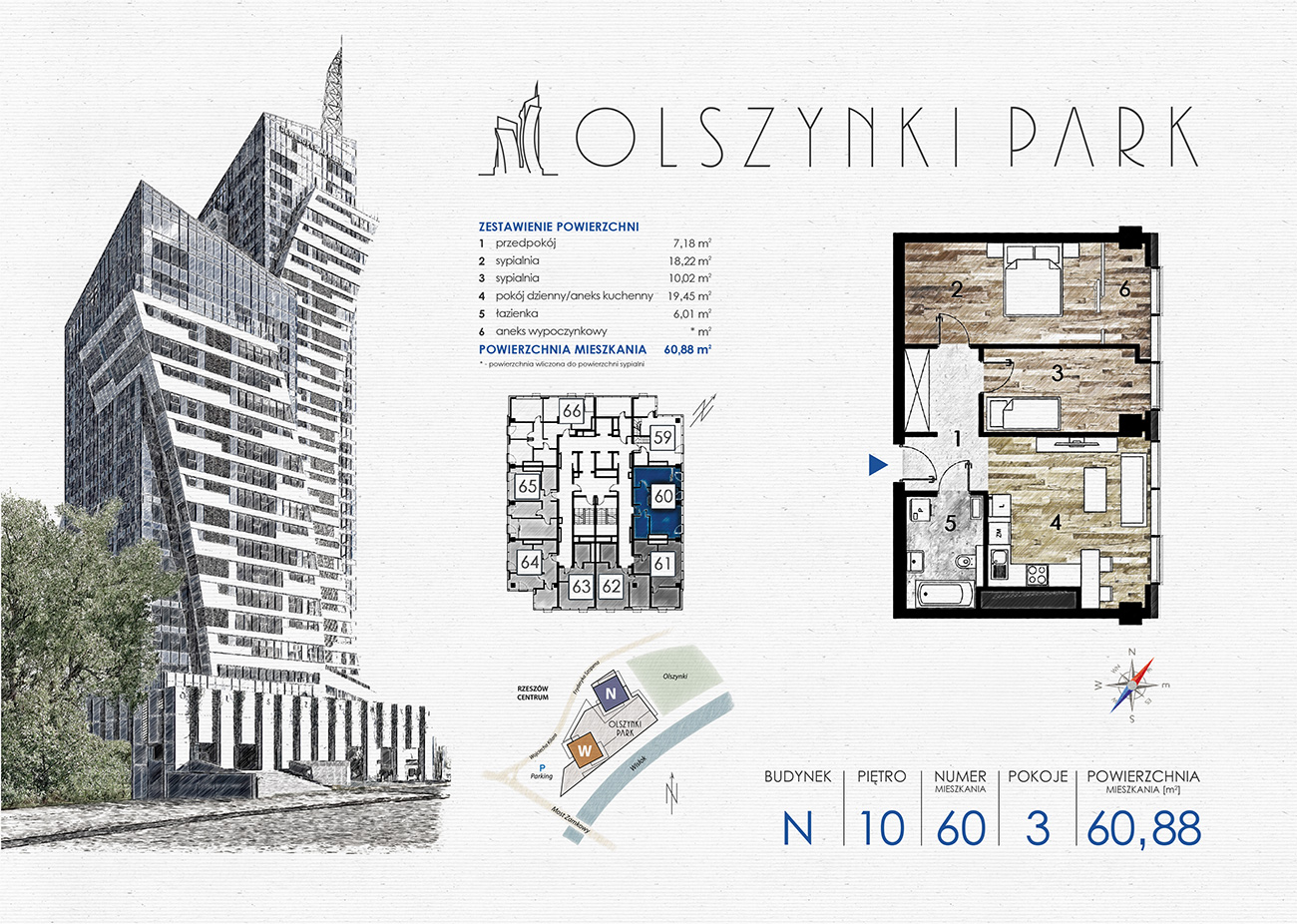 Apartament 60,88 m², piętro 10, oferta nr N60, Olszynki Park, Rzeszów, Śródmieście-Południe, ul. Szopena-idx