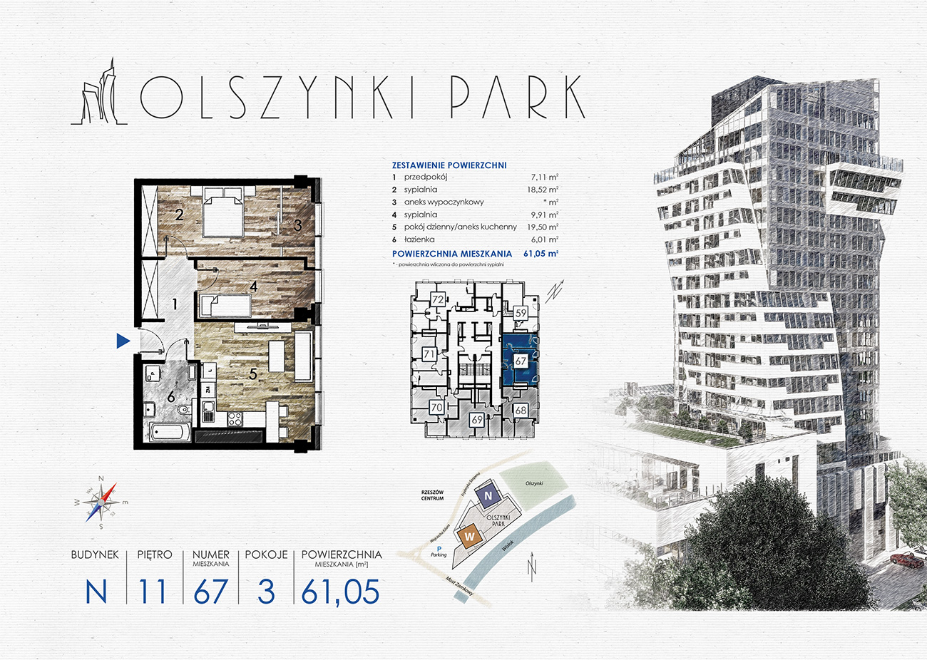 Apartament 61,05 m², piętro 11, oferta nr N67, Olszynki Park, Rzeszów, Śródmieście-Południe, ul. Szopena-idx