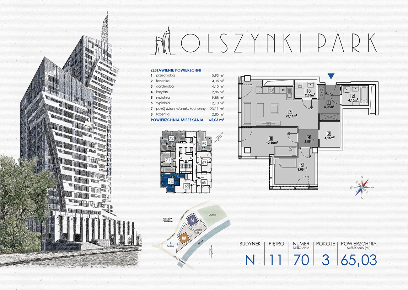 Apartament 65,03 m², piętro 11, oferta nr N70, Olszynki Park, Rzeszów, Śródmieście-Południe, ul. Szopena-idx