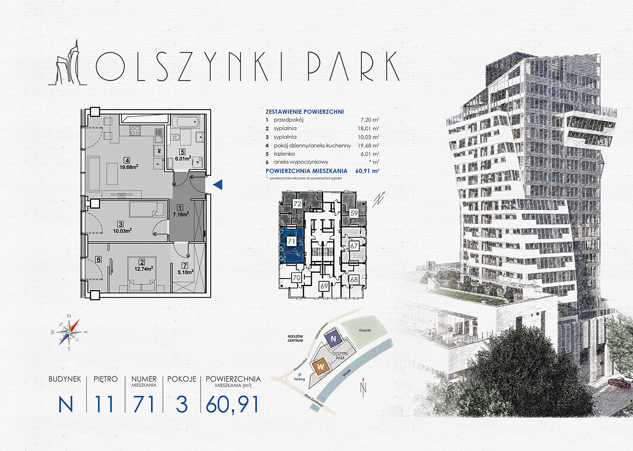 Apartament 60,91 m², piętro 11, oferta nr N71, Olszynki Park, Rzeszów, Śródmieście-Południe, ul. Szopena-idx