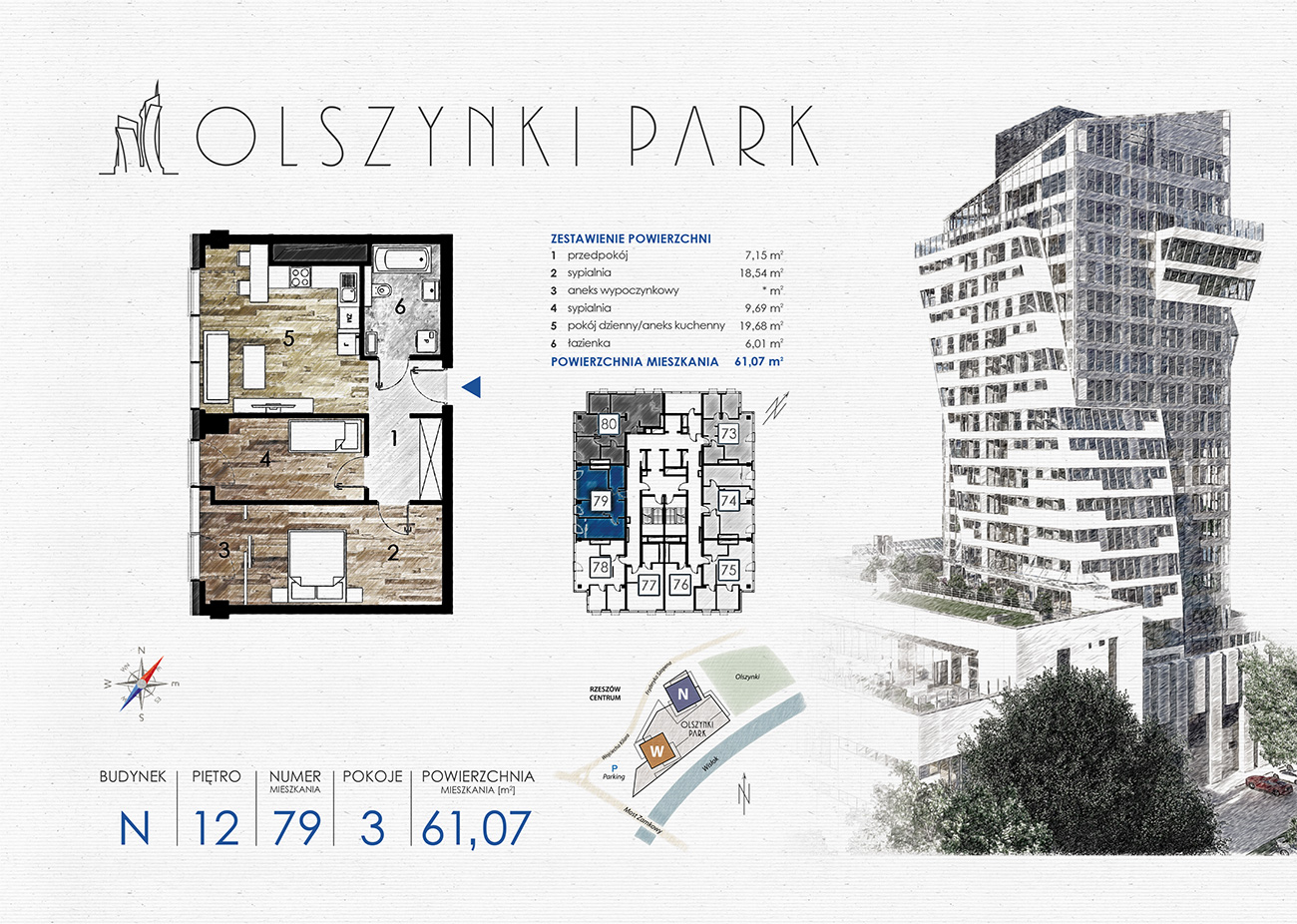 Apartament 61,07 m², piętro 12, oferta nr N79, Olszynki Park, Rzeszów, Śródmieście-Południe, ul. Szopena-idx