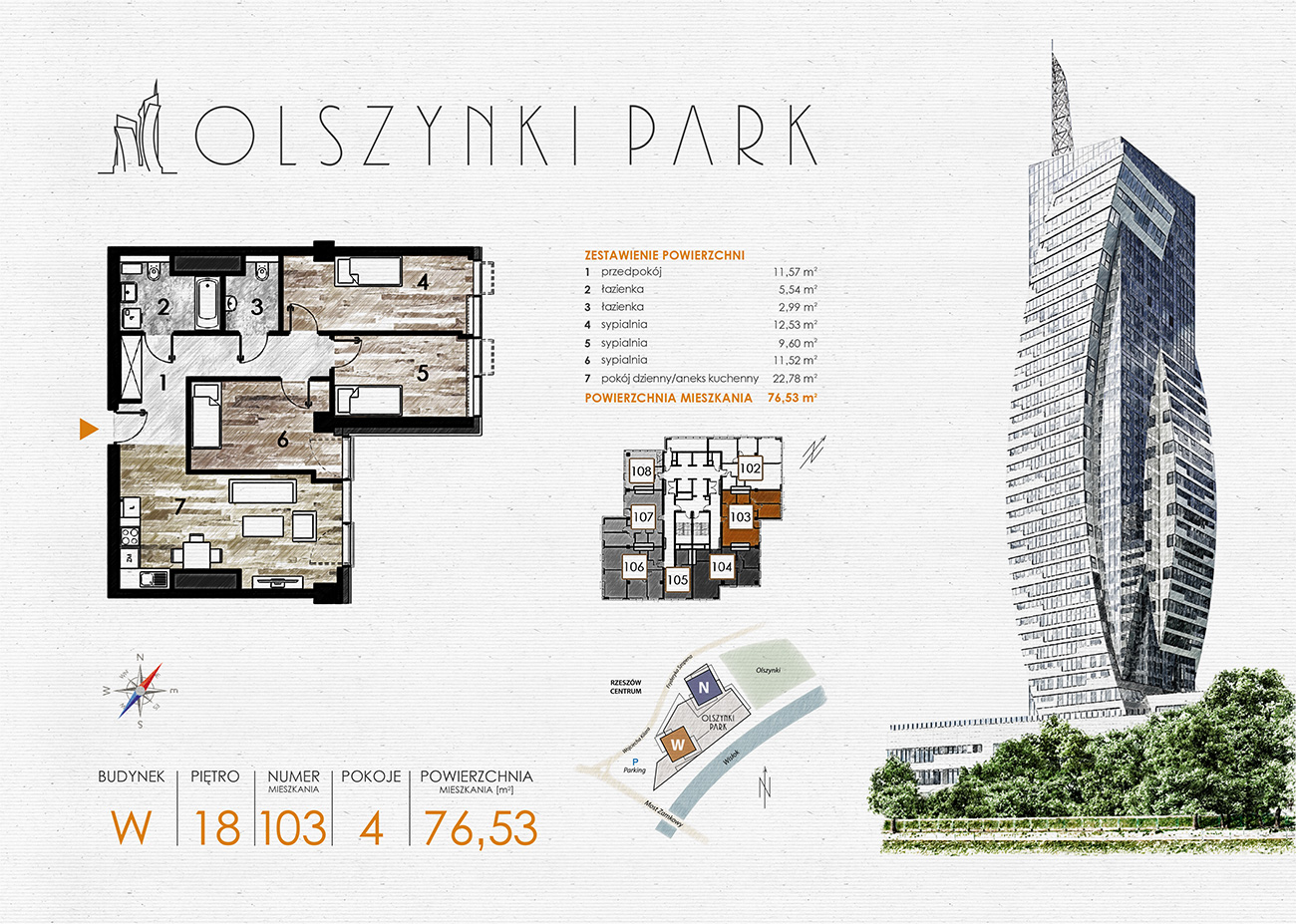 Apartament 76,53 m², piętro 18, oferta nr W103, Olszynki Park, Rzeszów, Śródmieście-Południe, ul. Szopena-idx