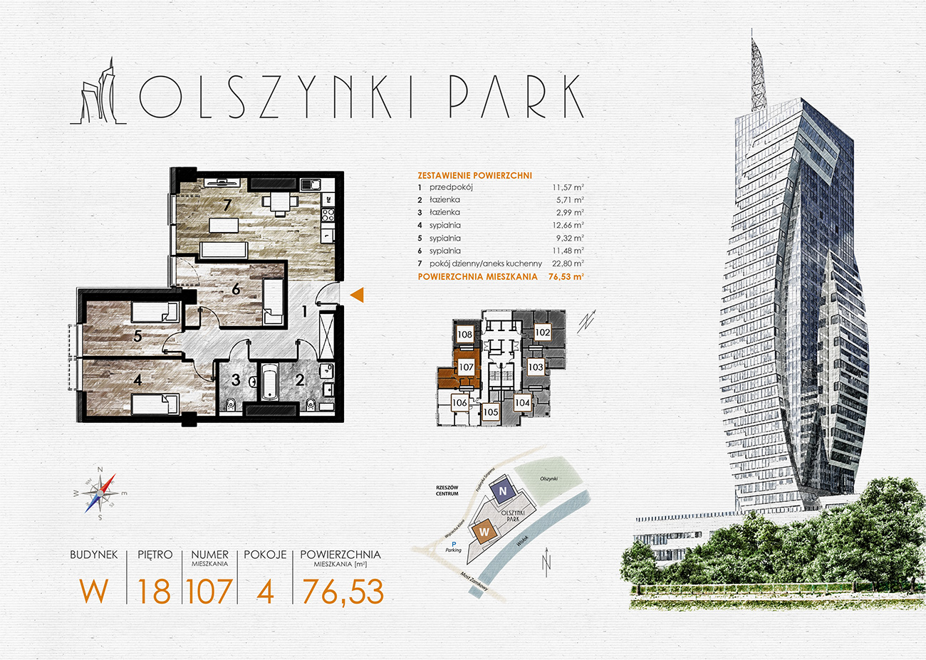 Apartament 76,53 m², piętro 18, oferta nr W107, Olszynki Park, Rzeszów, Śródmieście-Południe, ul. Szopena-idx