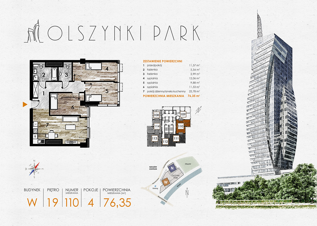 Apartament 76,35 m², piętro 19, oferta nr W110, Olszynki Park, Rzeszów, Śródmieście-Południe, ul. Szopena-idx