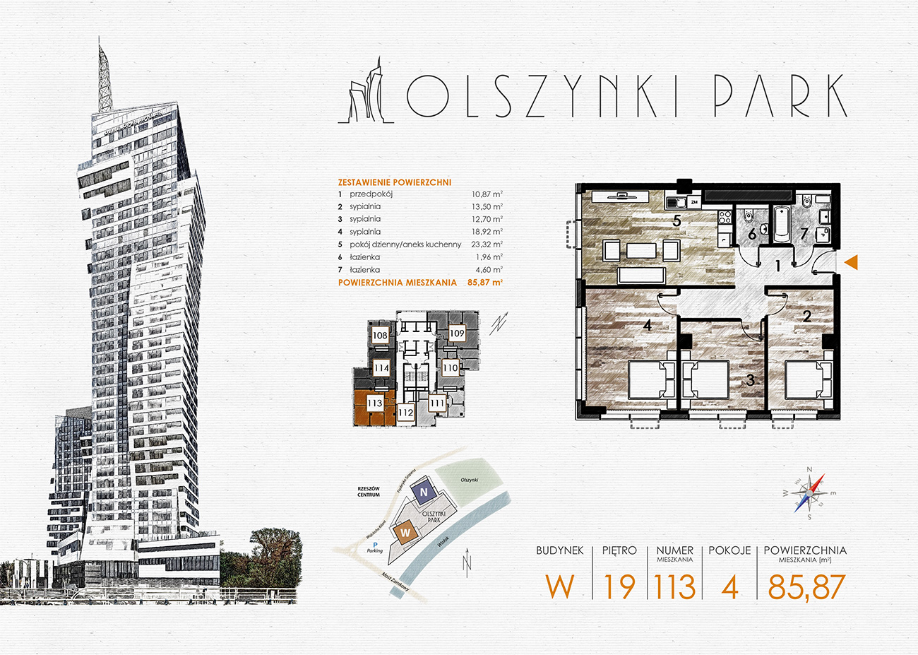 Apartament 85,87 m², piętro 19, oferta nr W113, Olszynki Park, Rzeszów, Śródmieście-Południe, ul. Szopena-idx