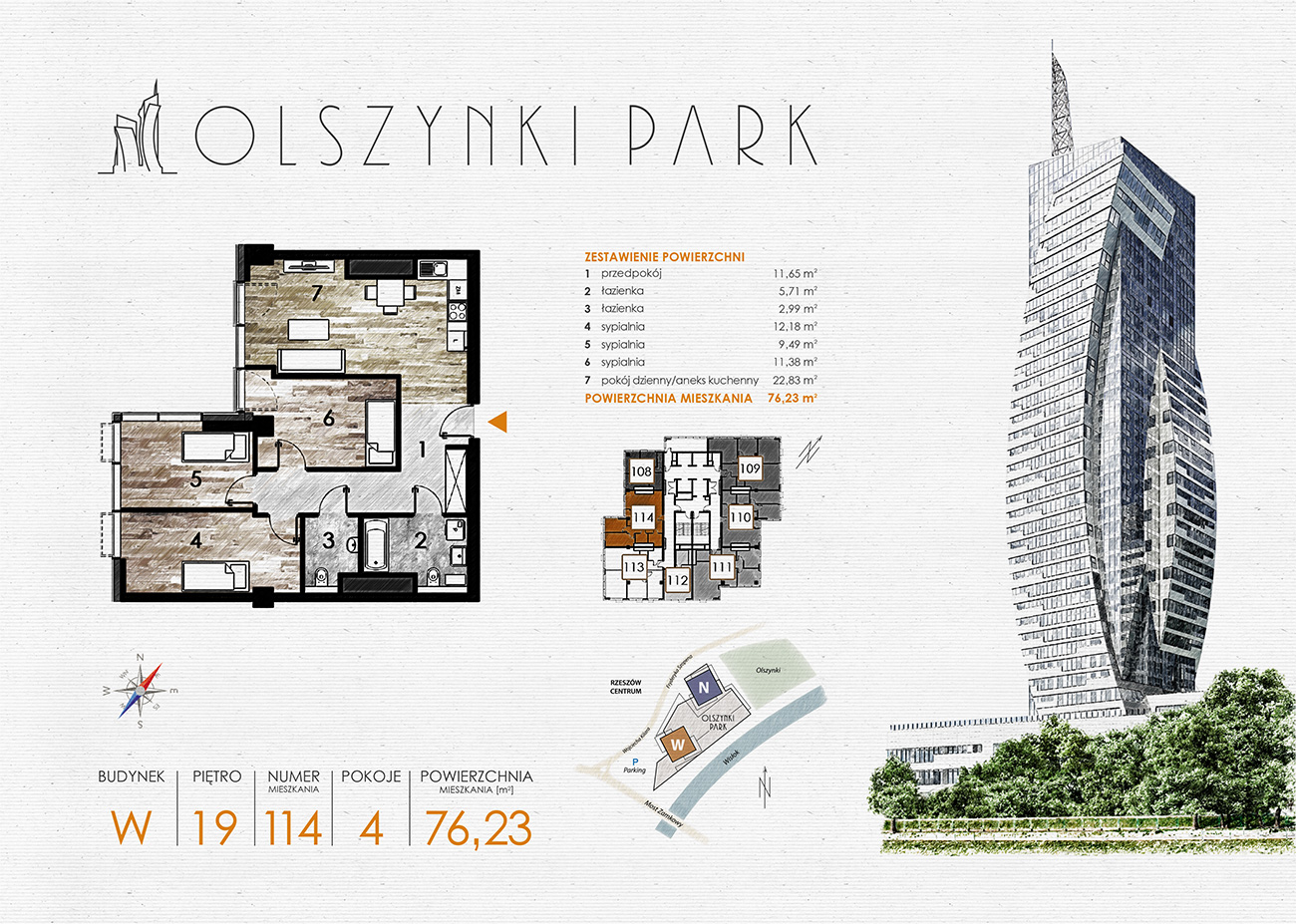 Apartament 76,23 m², piętro 19, oferta nr W114, Olszynki Park, Rzeszów, Śródmieście-Południe, ul. Szopena-idx