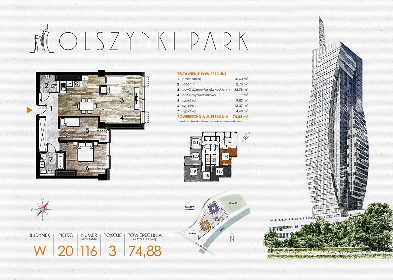 Apartament 74,88 m², piętro 20, oferta nr W116, Olszynki Park, Rzeszów, Śródmieście-Południe, ul. Szopena-idx