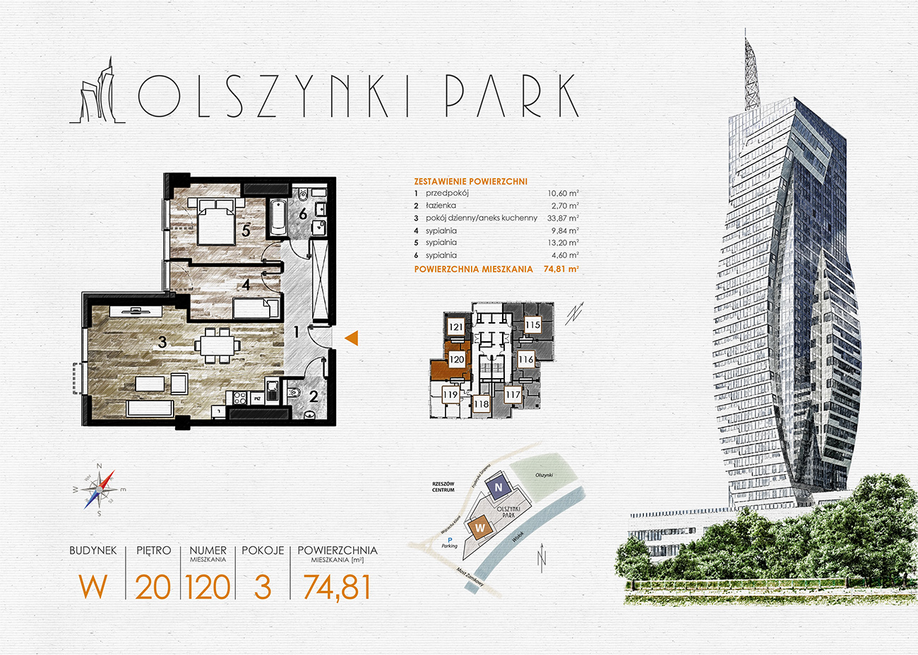 Mieszkanie 74,81 m², piętro 20, oferta nr W120, Olszynki Park, Rzeszów, Śródmieście-Południe, ul. Szopena-idx