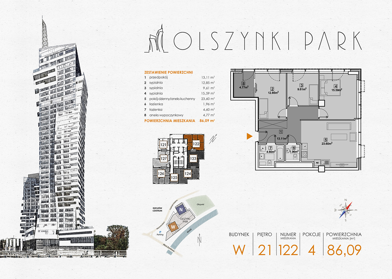 Mieszkanie 86,09 m², piętro 21, oferta nr W122, Olszynki Park, Rzeszów, Śródmieście-Południe, ul. Szopena-idx