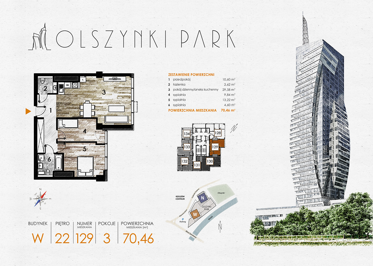 Apartament 70,46 m², piętro 22, oferta nr W129, Olszynki Park, Rzeszów, Śródmieście-Południe, ul. Szopena-idx