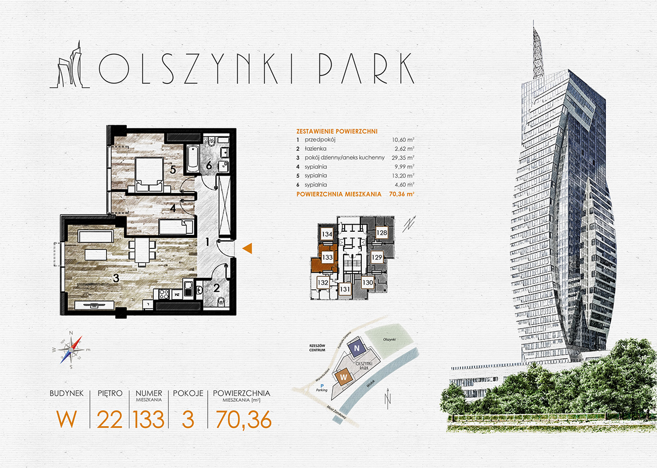 Mieszkanie 70,36 m², piętro 22, oferta nr W133, Olszynki Park, Rzeszów, Śródmieście-Południe, ul. Szopena-idx