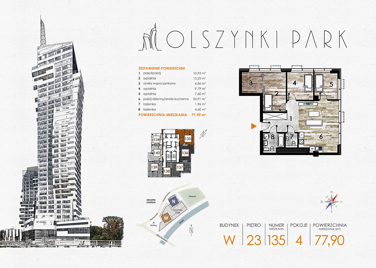 Apartament 77,90 m², piętro 23, oferta nr W135, Olszynki Park, Rzeszów, Śródmieście-Południe, ul. Szopena-idx