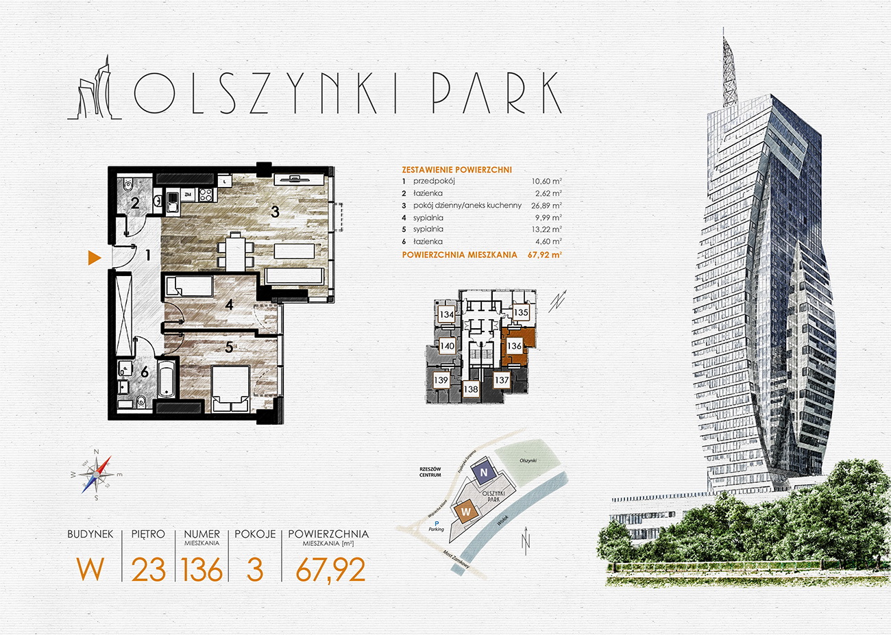 Apartament 67,92 m², piętro 23, oferta nr W136, Olszynki Park, Rzeszów, Śródmieście-Południe, ul. Szopena-idx