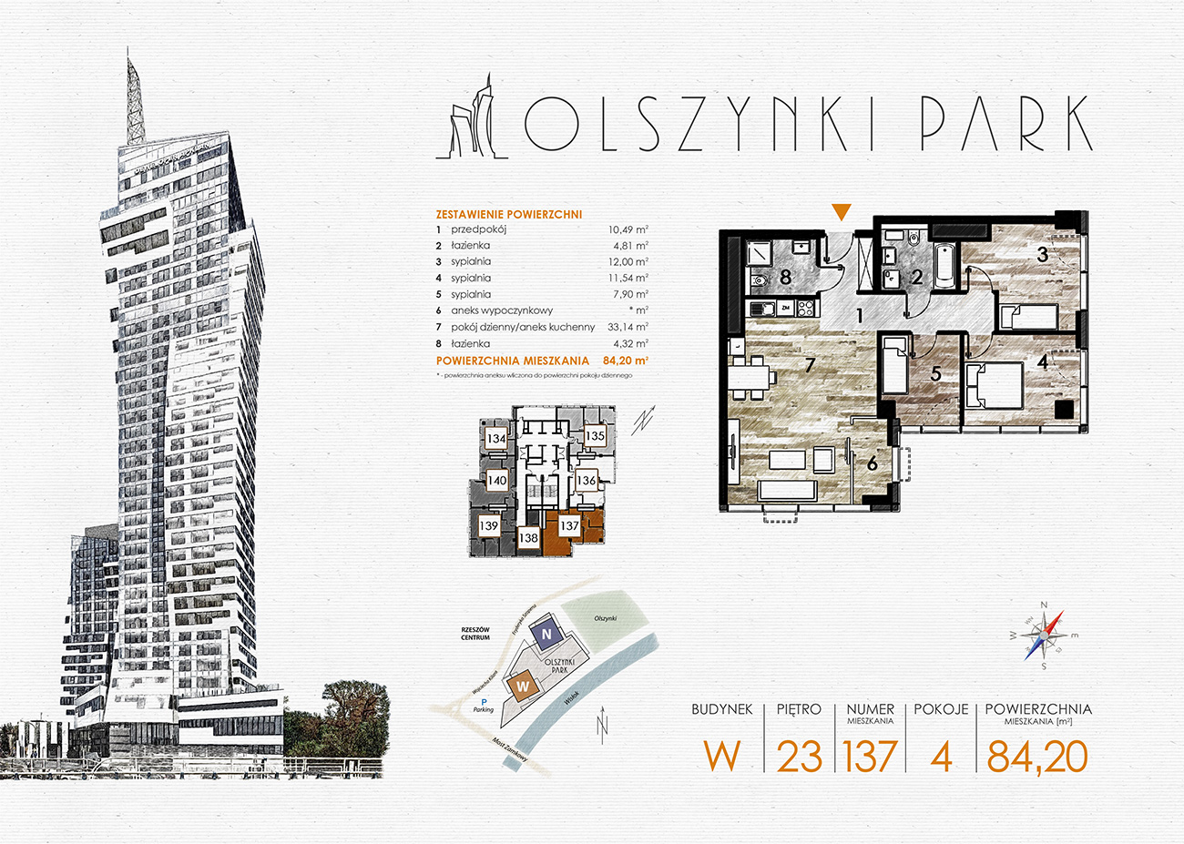 Mieszkanie 84,20 m², piętro 23, oferta nr W137, Olszynki Park, Rzeszów, Śródmieście-Południe, ul. Szopena-idx